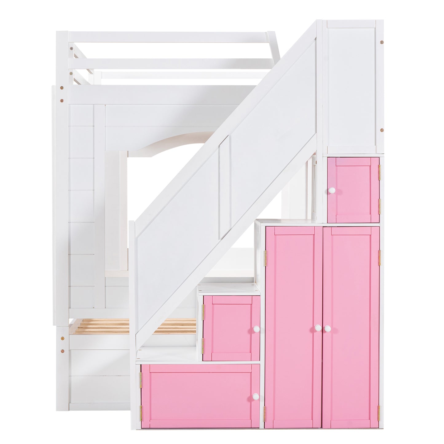 Full Over Full Bunk Bed with Trundle ,Stairs,Ladders Solid Wood Bunk bed with Storage Cabinet (White + Pink)