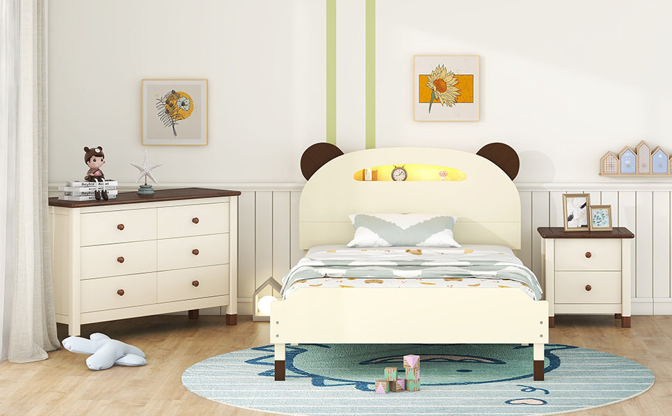 3-Pieces Bedroom Sets Twin Size Bear-Shape Platform Bed with Nightstand and Storage dresser,Cream+Walnut