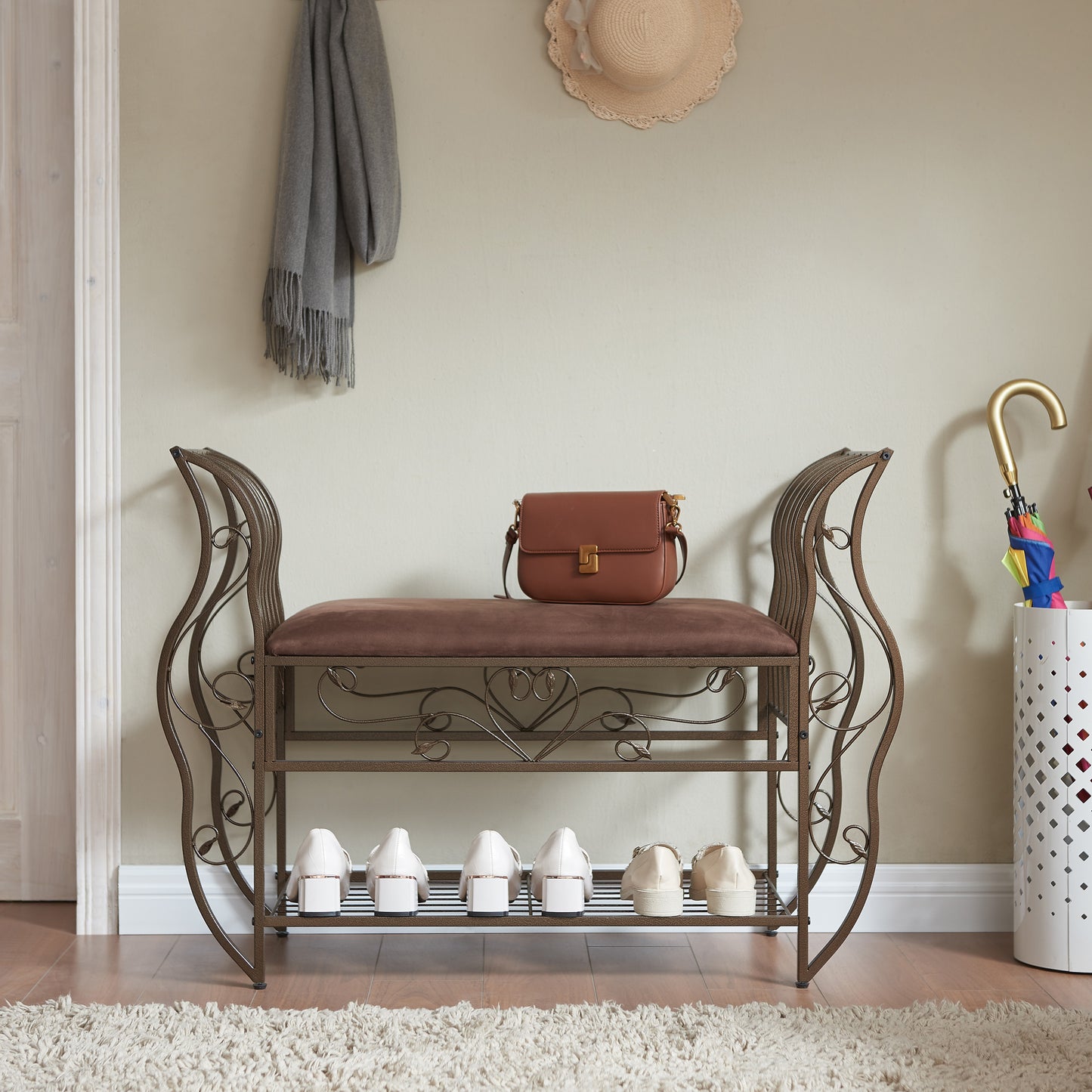 Traditional Style End of Bed Bench, Upholstered Entryway Bench with Arm, Ottoman Bench with metal frame