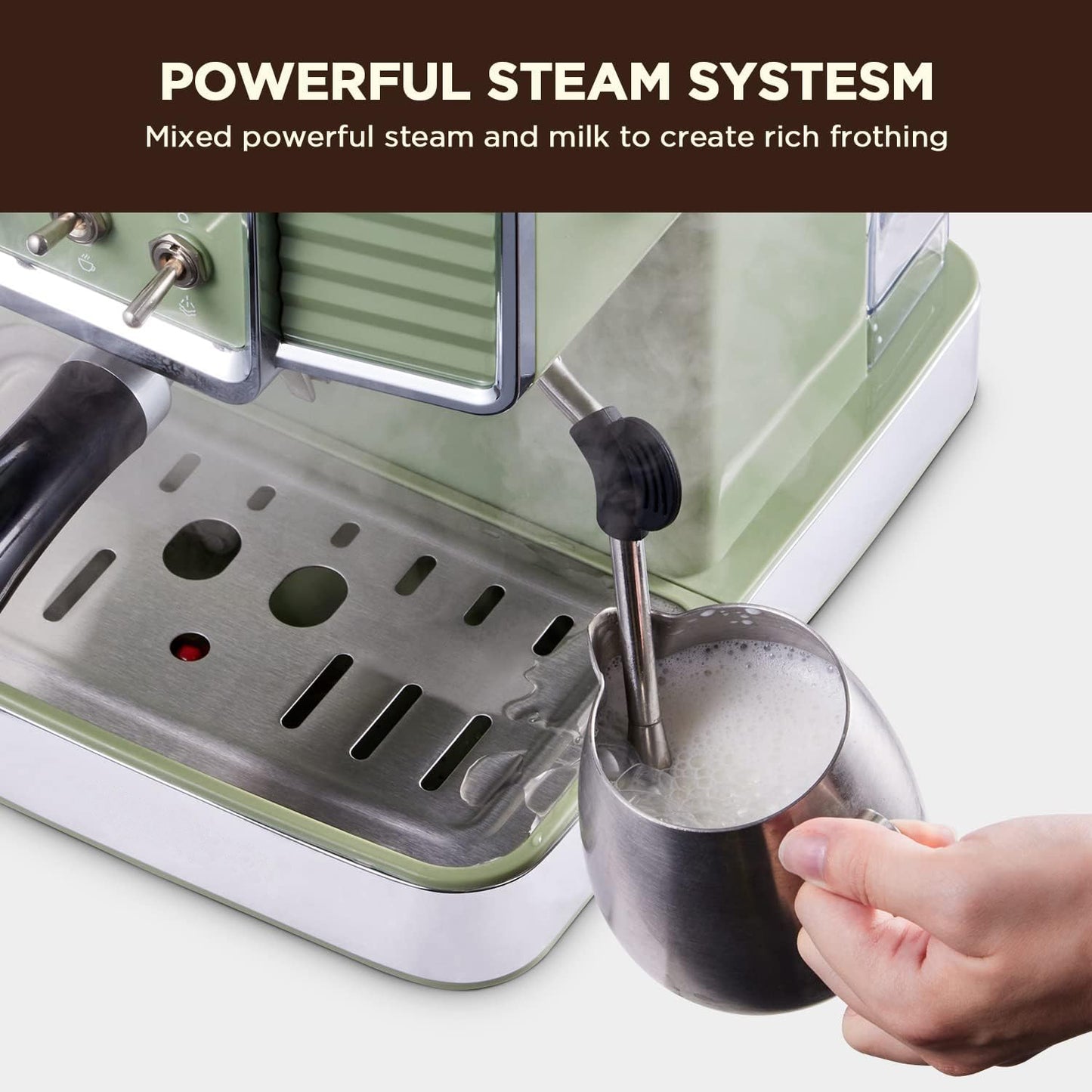 15 Bar Espresso Coffee Machine with Milk Frother Steam Wand, 1350W Professional Coffee Maker, 54 Oz Removable Water Tank Espresso Maker Cappuccino, Latte, Machiato, Green, For Home Barista