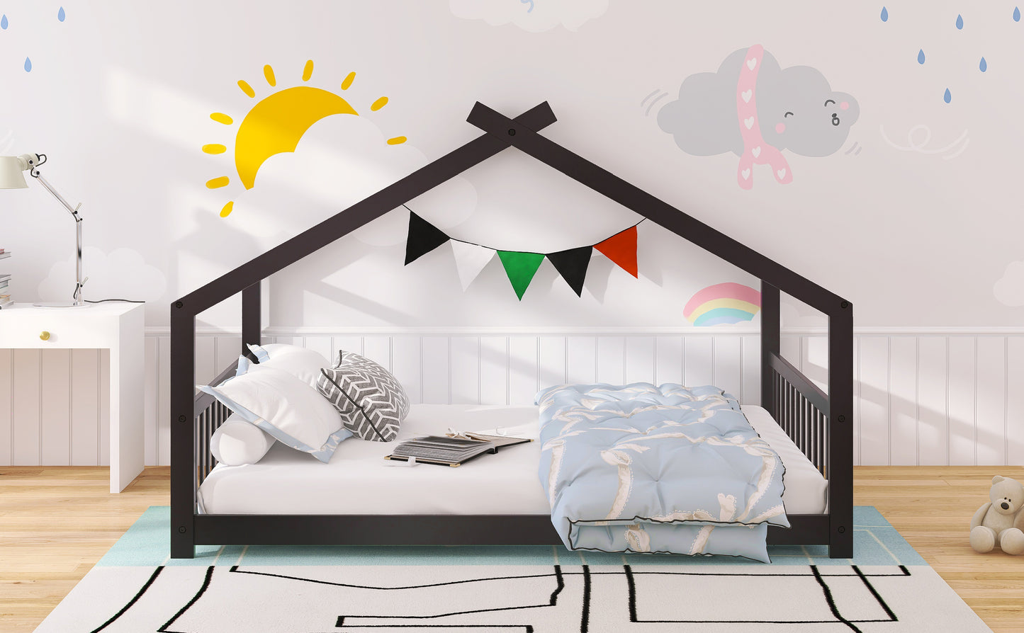 Full Size House Bed Wood Bed, Espresso