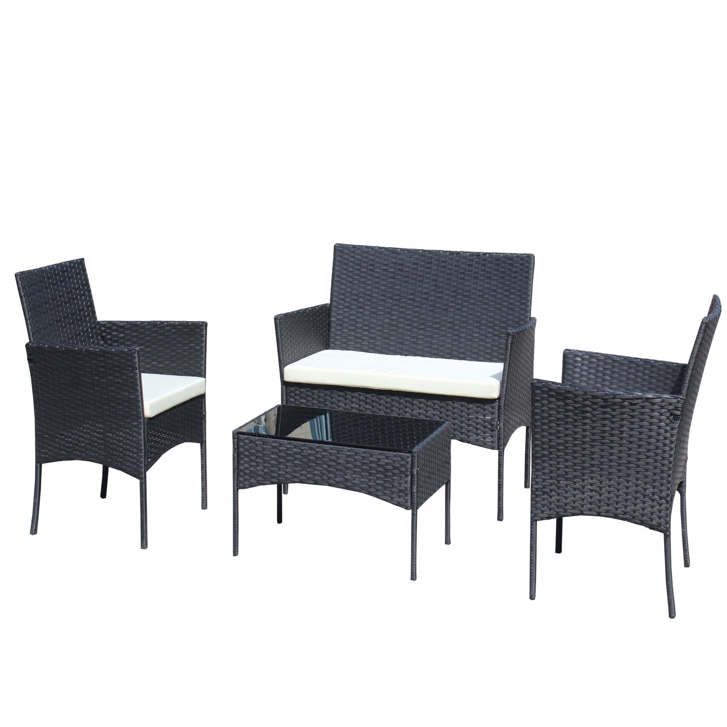4 PC Rattan Patio Furniture Set Outdoor Patio Cushioned Seat Wicker Sofa (Beige Cushion)