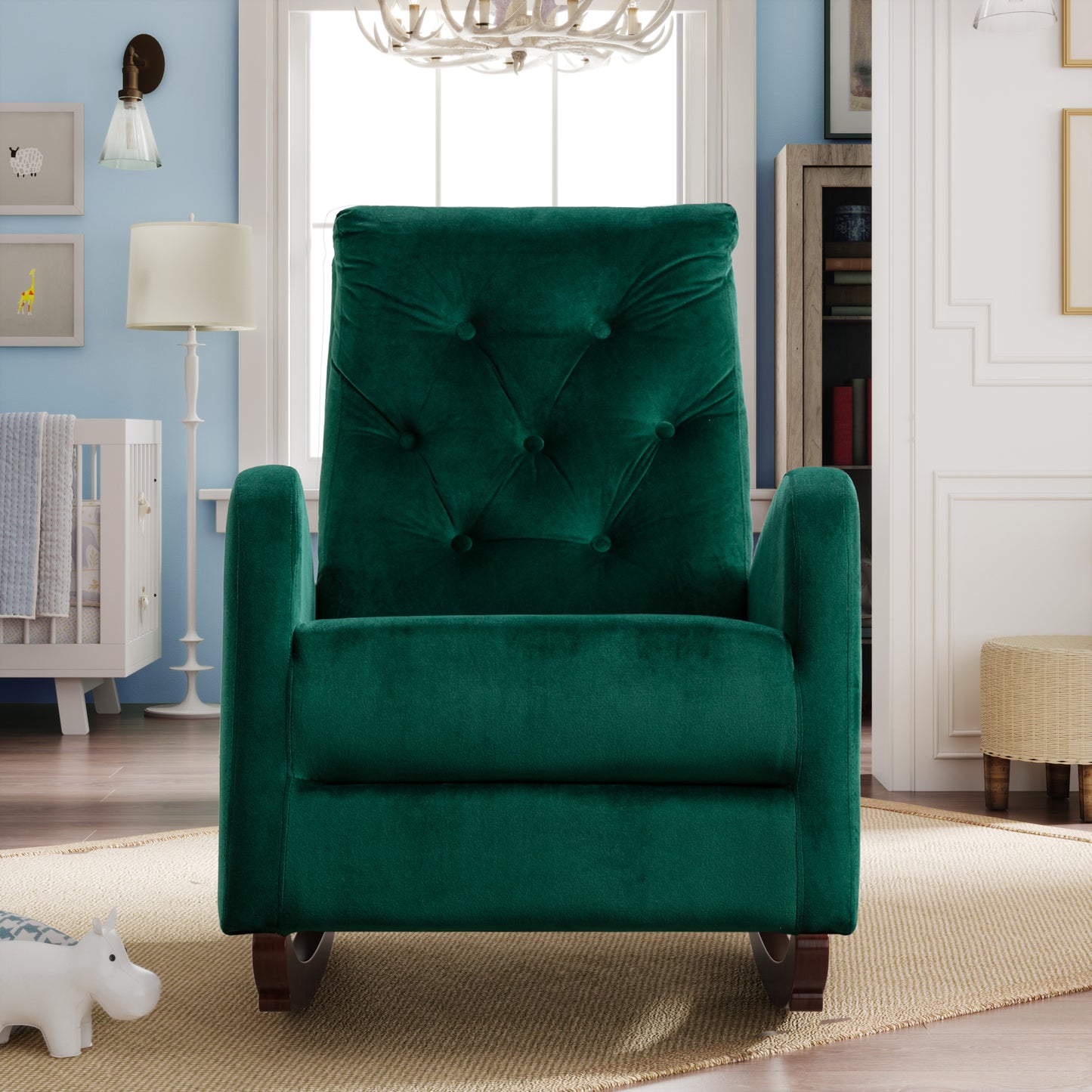Baby Room High Back Rocking Chair Nursery Chair , Comfortable Rocker Fabric Padded Seat ,Modern High Back Armchair
