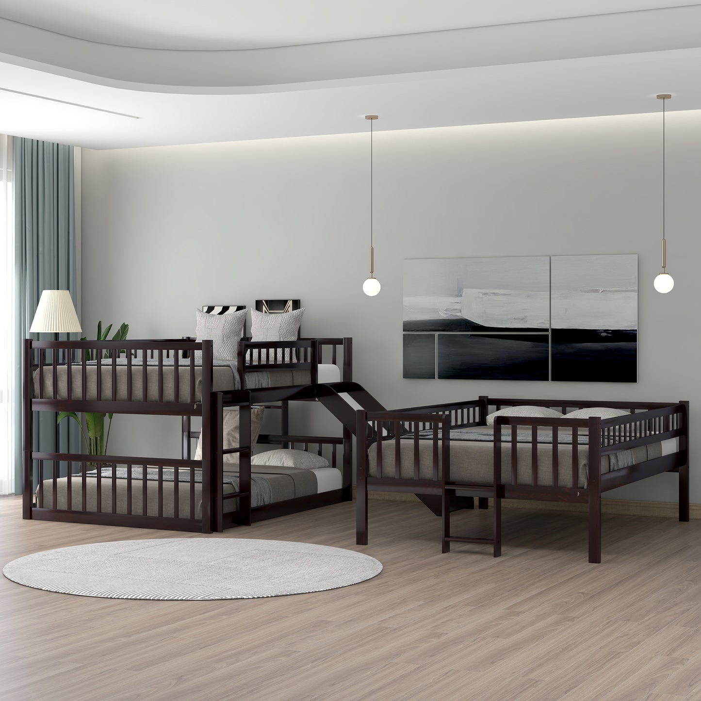 Full-Over-Full-Over-Full Triple Bed with Built-in Ladder and Slide , Triple Bunk Bed with Guardrails, Espresso(OLD SKU :LP000052AAP)