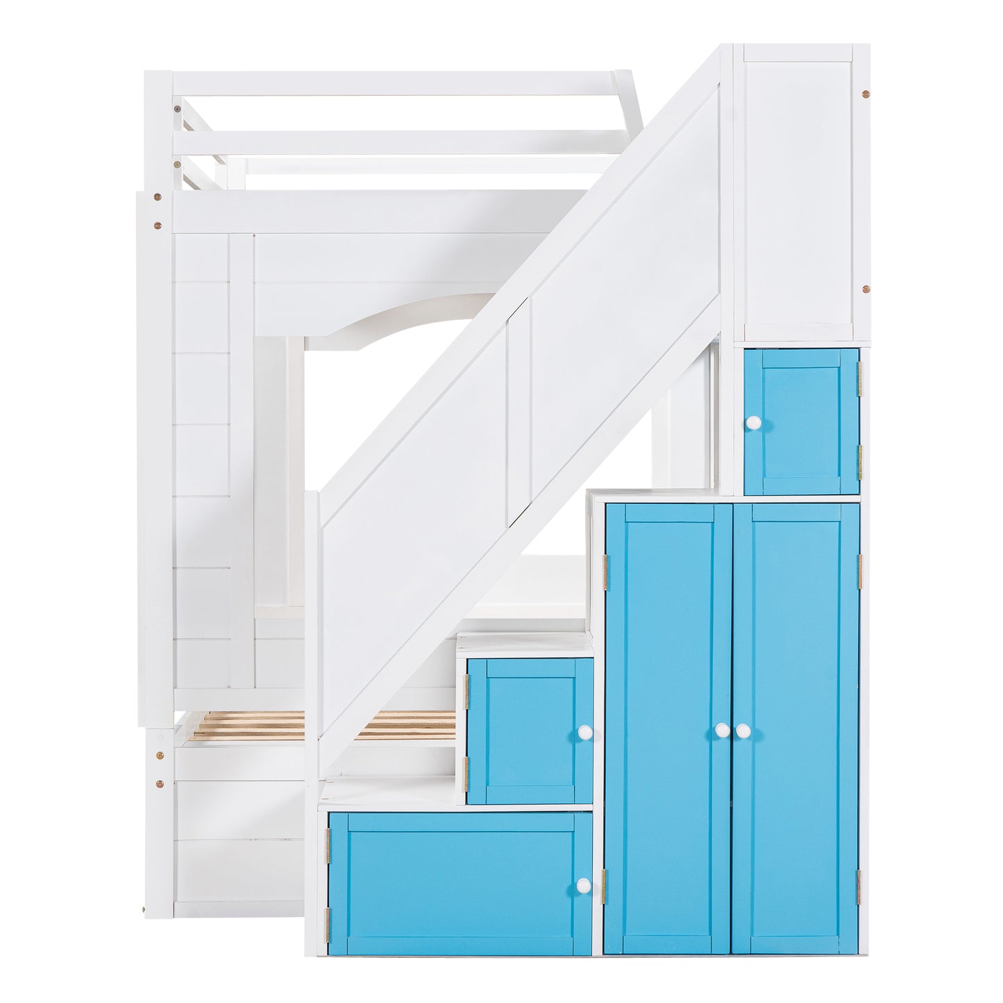 Full Over Full Bunk Bed with Trundle ,Stairs,Ladders Solid Wood Bunk bed with Storage Cabinet (White + Blue)