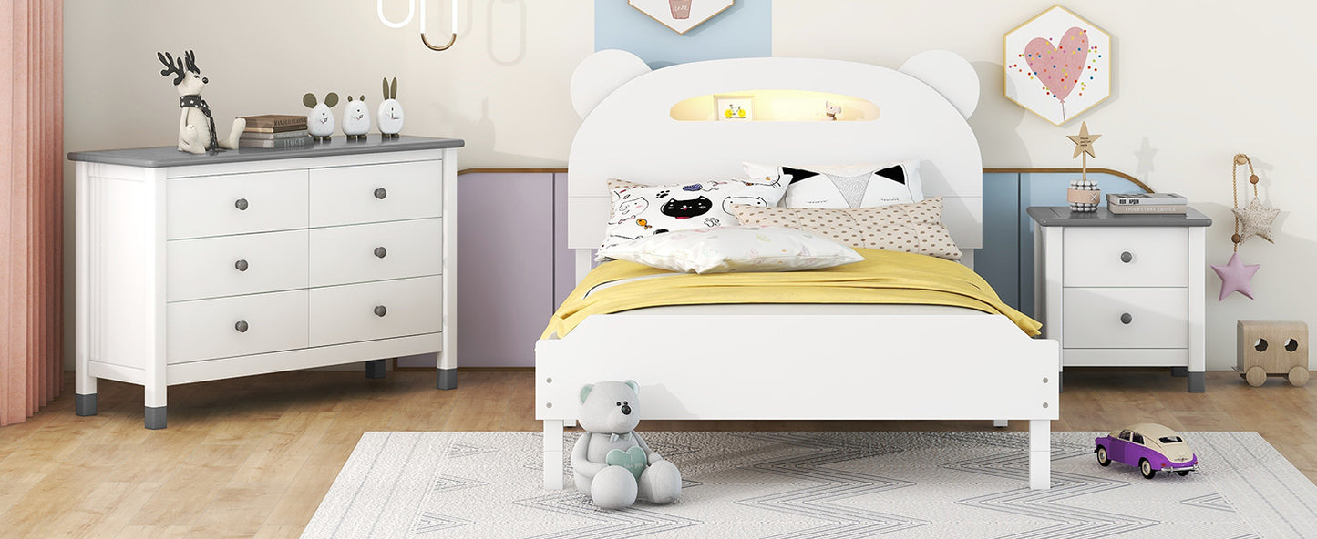 3-Pieces Bedroom Sets Twin Size Bear-Shape Platform Bed with Nightstand and Storage dresser,White+Gray