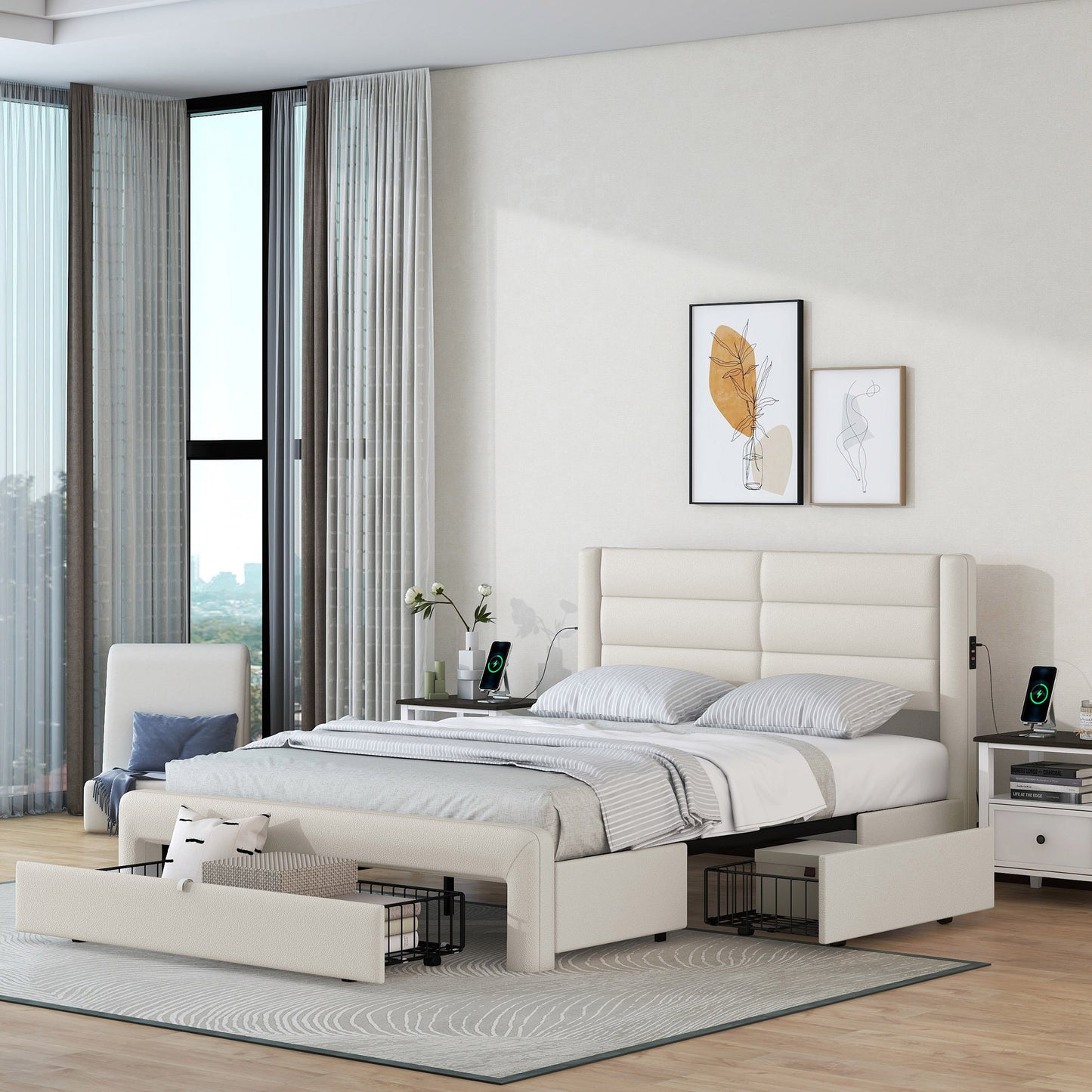 Queen Size Bed Frame with Drawers Storage, Leather Upholstered Platform Bed with Charging Station,Beige