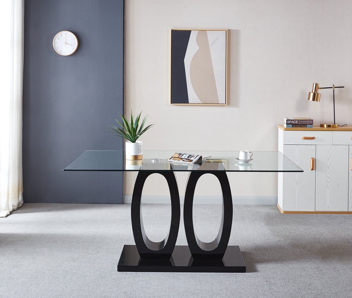 Contemporary Double Pedestal Dining Table, Tempered Glass Top with MDF Base