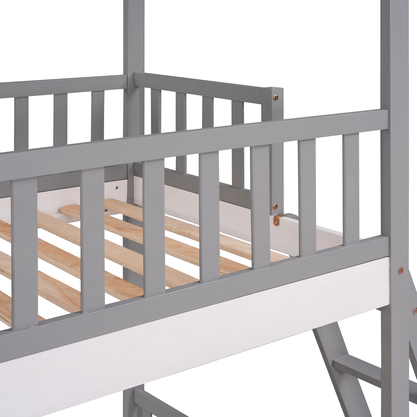 Twin Over Twin Bunk Bed Wood Bed with Roof, Window, Ladder ( Gray)(OLD SKU :LP000008AAE)