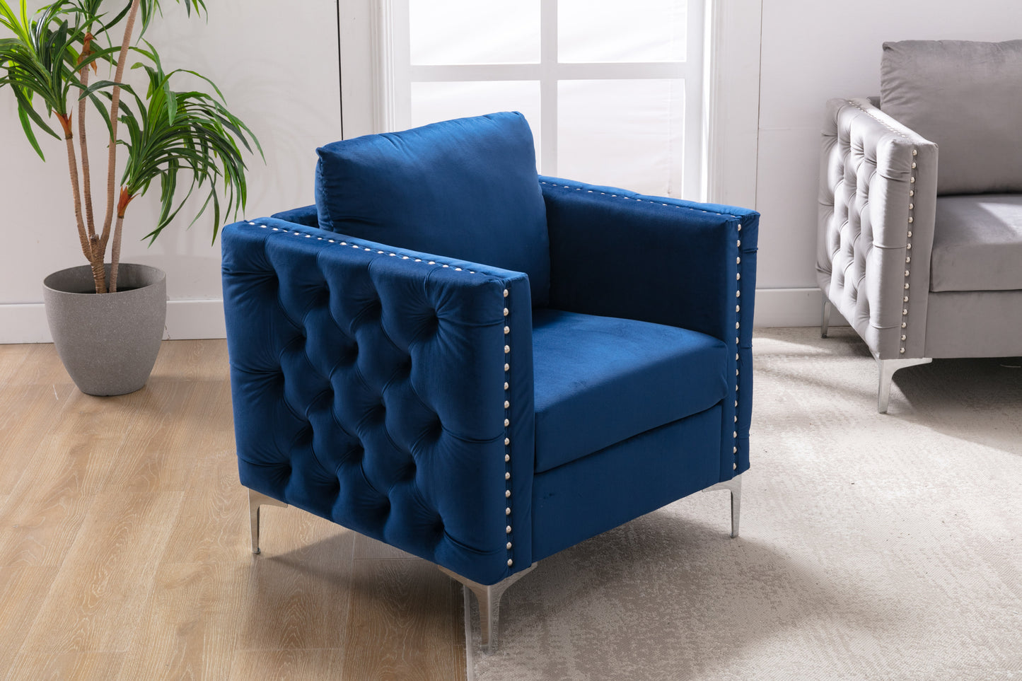 Modern Velvet Armchair Tufted Button Accent Chair Club Chair with Steel Legs for Living Room Bedroom,Navy