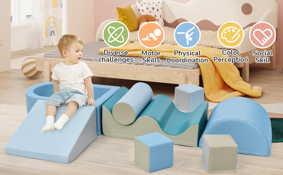 Soft Climb and Crawl Foam Playset 8 in 1 , Safe Soft Foam Nugget Block for Infants, Preschools, Toddlers, Kids Crawling and Climbing Indoor Active Play Structure