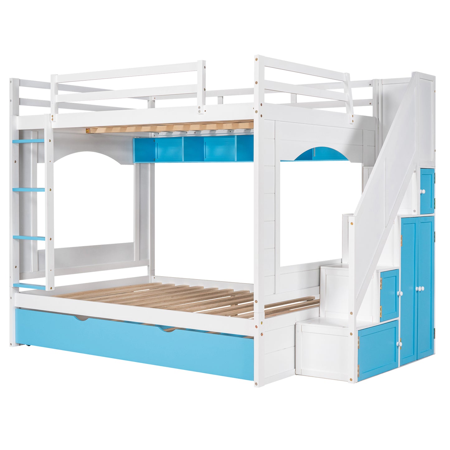 Full Over Full Bunk Bed with Trundle ,Stairs,Ladders Solid Wood Bunk bed with Storage Cabinet (White + Blue)