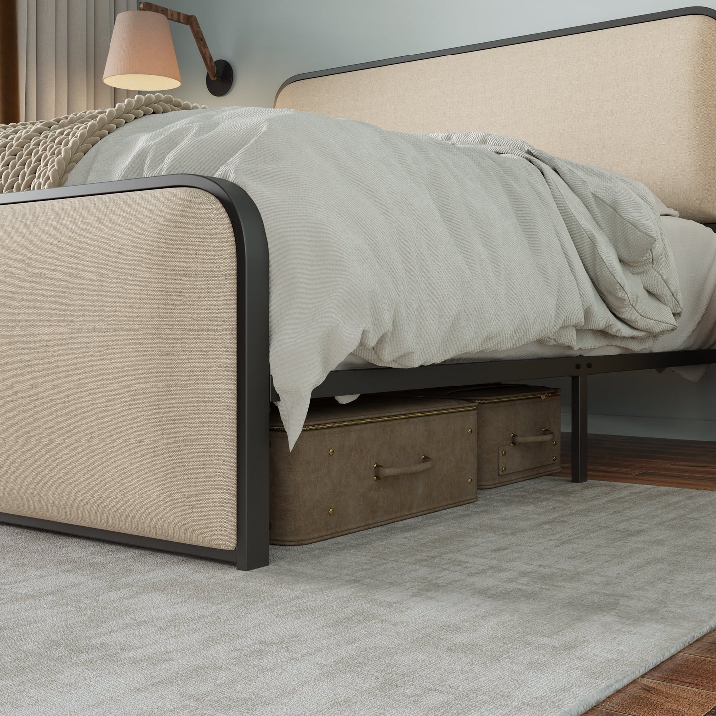 Modern Metal Bed Frame with Curved Upholstered Headboard and Footboard Bed with Under Bed Storage, Heavy Duty Metal Slats, King Size, Beige