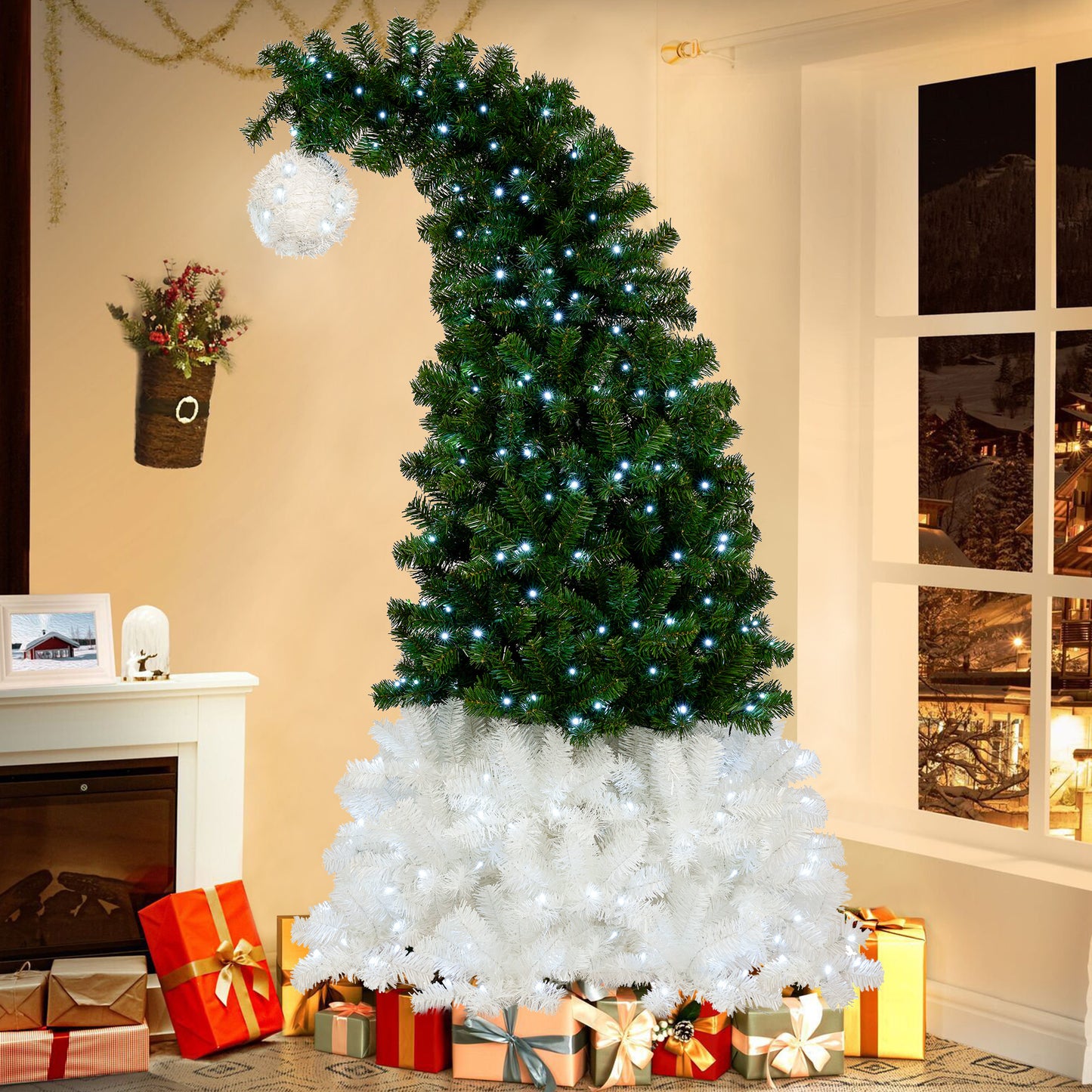6FT Hinged Fir Artificial Fir Bent Top Christmas Tree, Xmas Tree Bendable Santa Hat Style Christmas Tree Holiday Decoration, 1250 Lush Branch Tips, 300 LED Lights X-mas