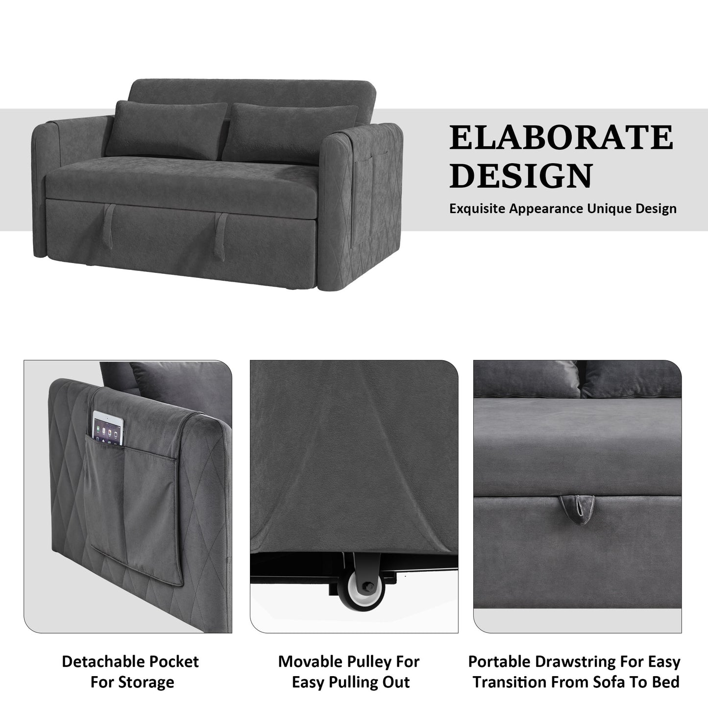 55" Modern Convertible Sofa Bed with 2 Detachable Arm Pockets, Velvet Loveseat Sofa with Pull Out Bed, 2 Pillows and Living Room Adjustable Backrest, Grid Design Armrests Gray