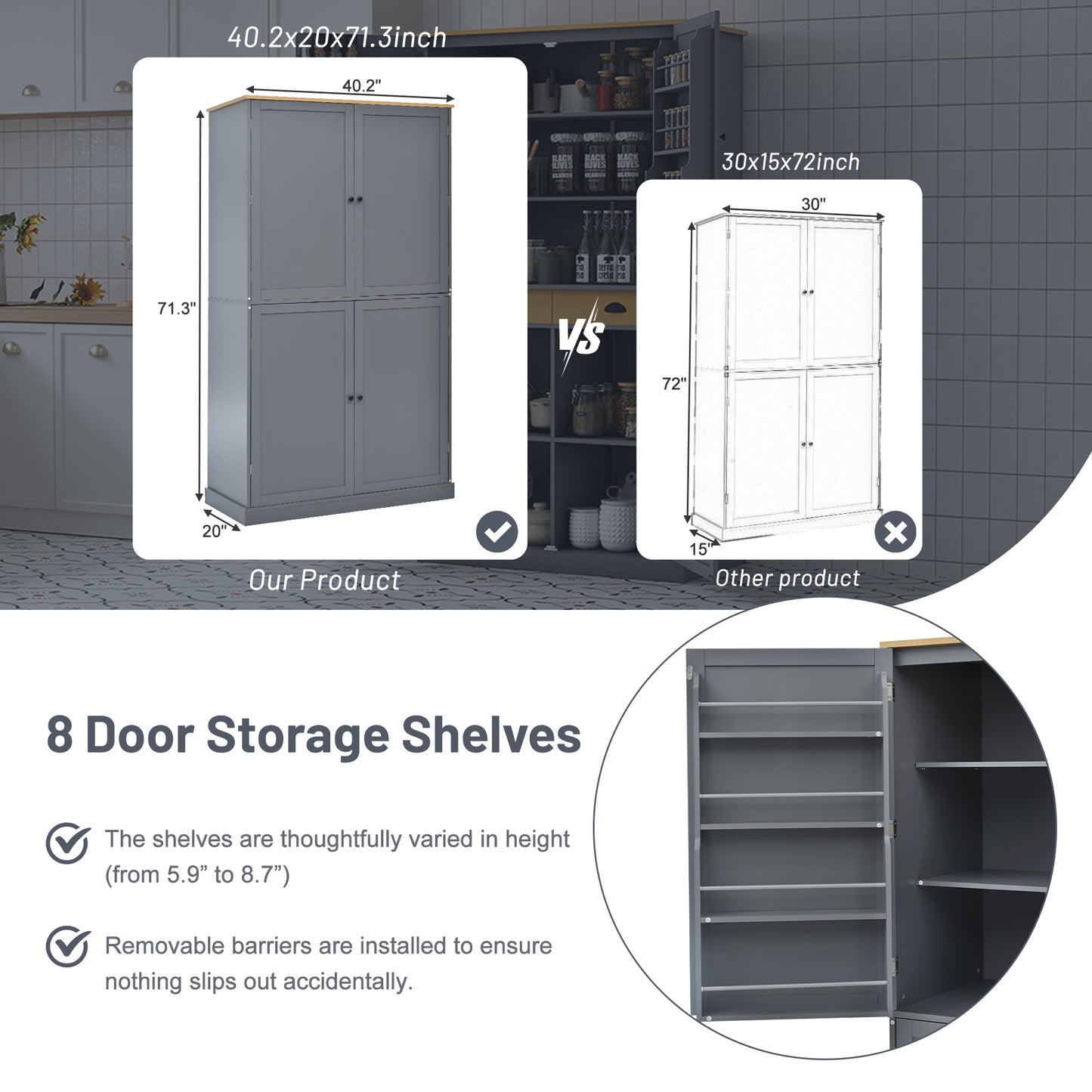 [Assembly Video Provided]TOPMAX 40.2x20x71.3inch High Freestanding Kitchen Pantry Large Cupboard Storage Cabinet with 2 Drawers, 2 Adjustable Shelves, 8 Door Shelves for Kitchen, Dining Room,Gray