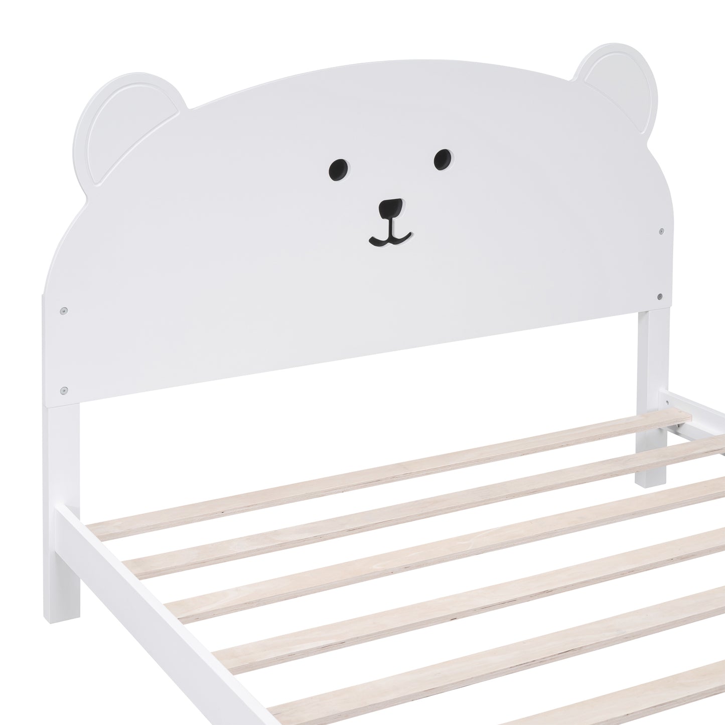 Full Size Wood Platform Bed with Bear-shaped Headboard and Footboard,White