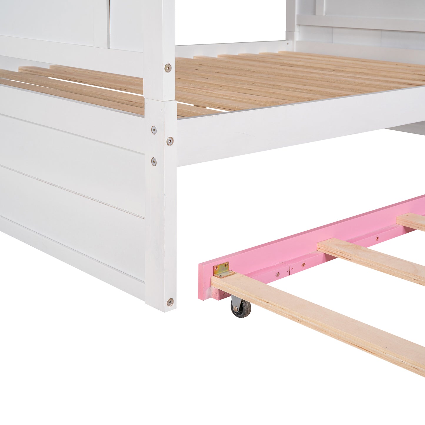 Full Over Full Bunk Bed with Trundle ,Stairs,Ladders Solid Wood Bunk bed with Storage Cabinet (White + Pink)