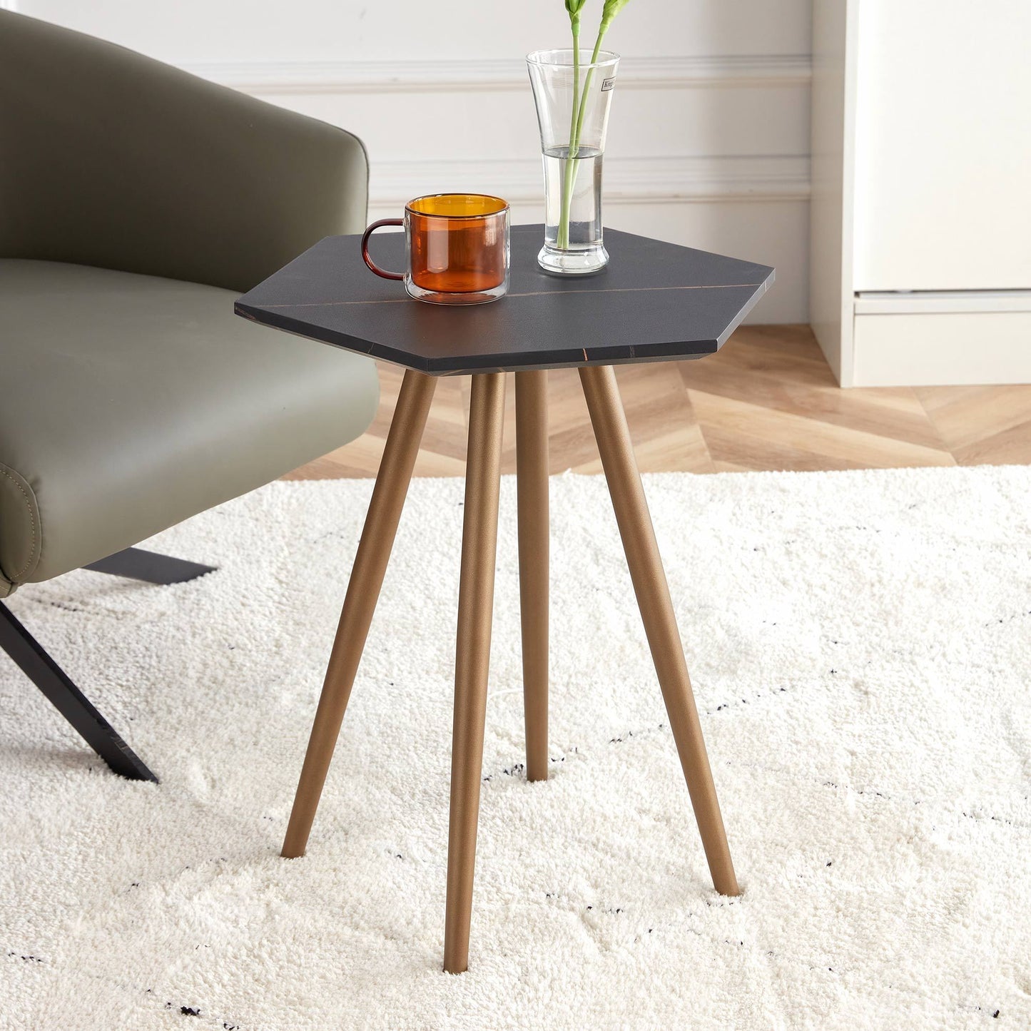 Modern Minimalism Black Faux Marble End&Side Table, Small Accent Coffee Table with Dark Gold Metal Legs, Hexagon Nightstand for Living Room,Bedroom, Apartment Small Space ( MDF Tabletop + Metal Legs )