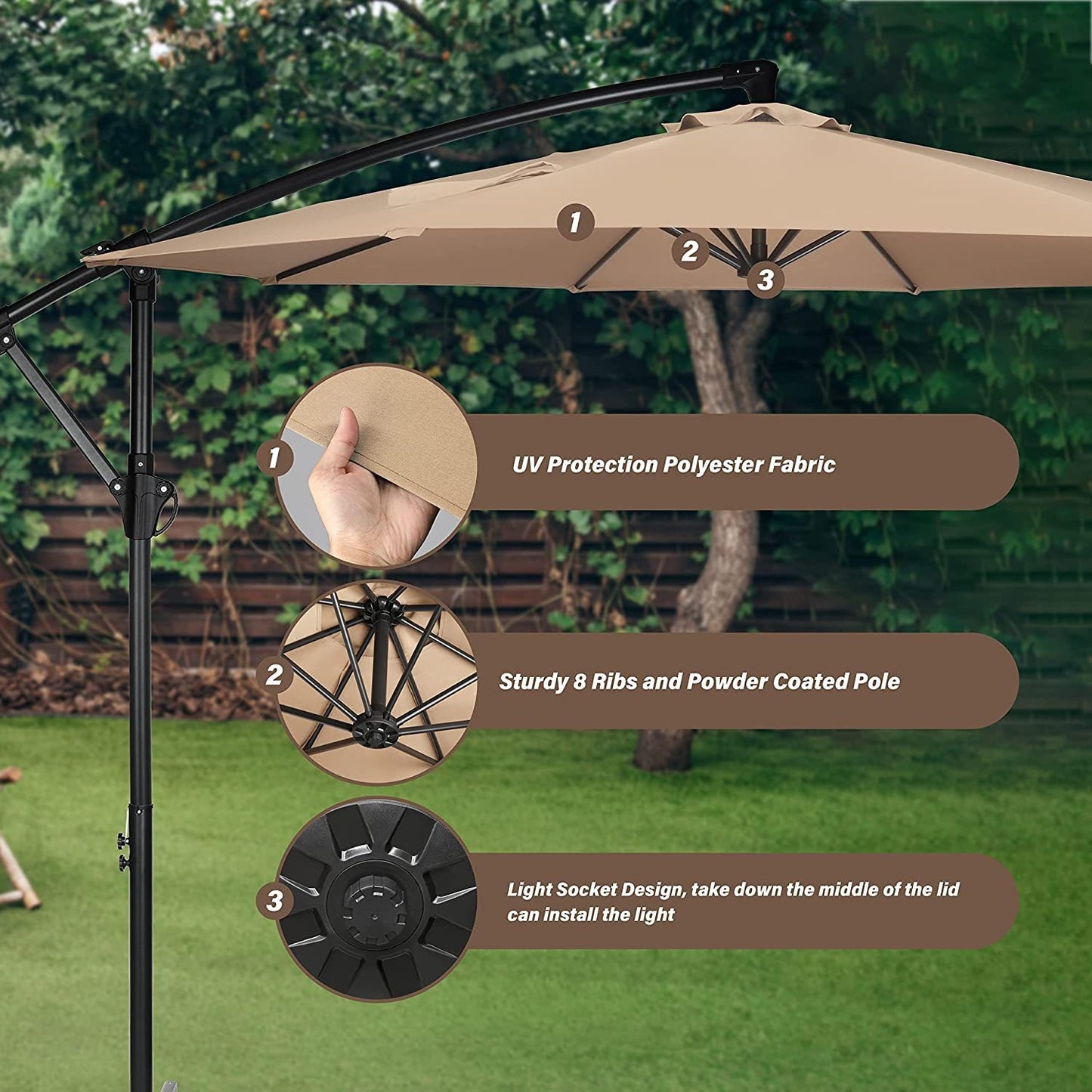 10ft Offset Umbrella Cantilever Patio Hanging Umbrella Outdoor Market Umbrella with Crank & Cross Base Suitable for Garden, Lawn, backyard and Deck, Tan