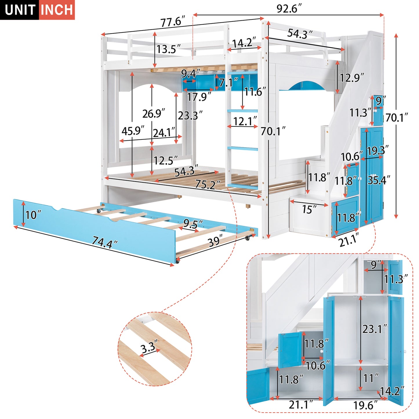 Full Over Full Bunk Bed with Trundle ,Stairs,Ladders Solid Wood Bunk bed with Storage Cabinet (White + Blue)