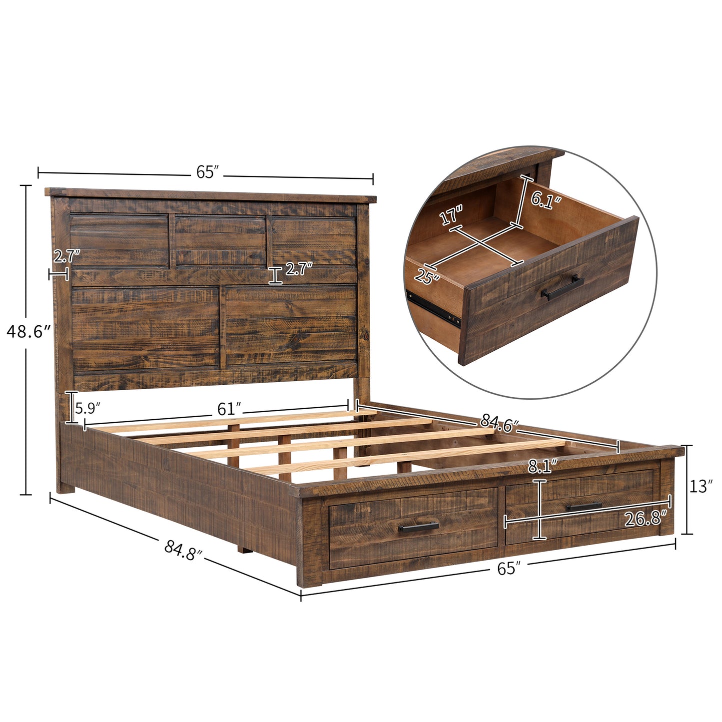 Rustic Reclaimed Solid Wood Framhouse 3 Pieces Storage Queen Bedroom Sets,new