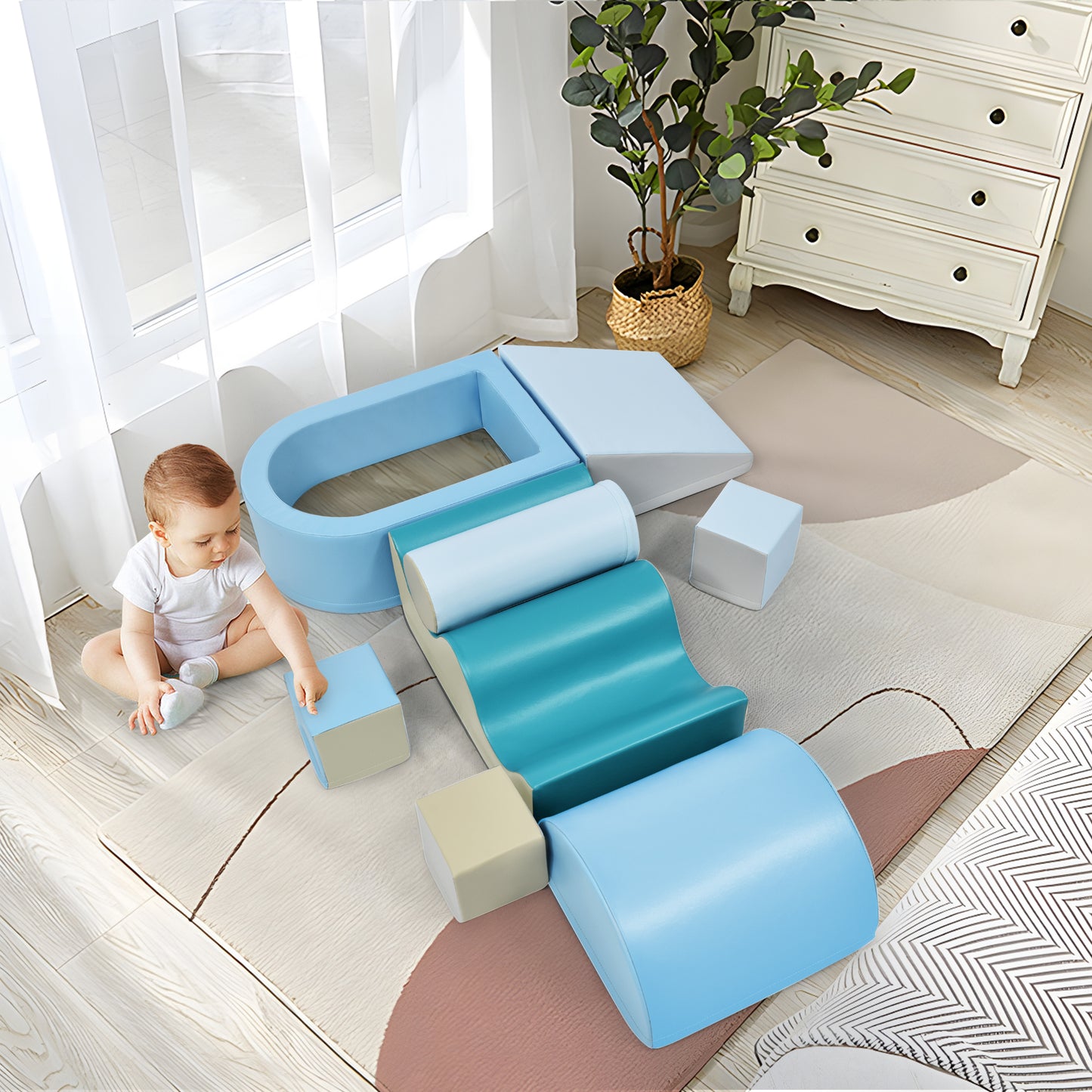 Soft Climb and Crawl Foam Playset 8 in 1 , Safe Soft Foam Nugget Block for Infants, Preschools, Toddlers, Kids Crawling and Climbing Indoor Active Play Structure
