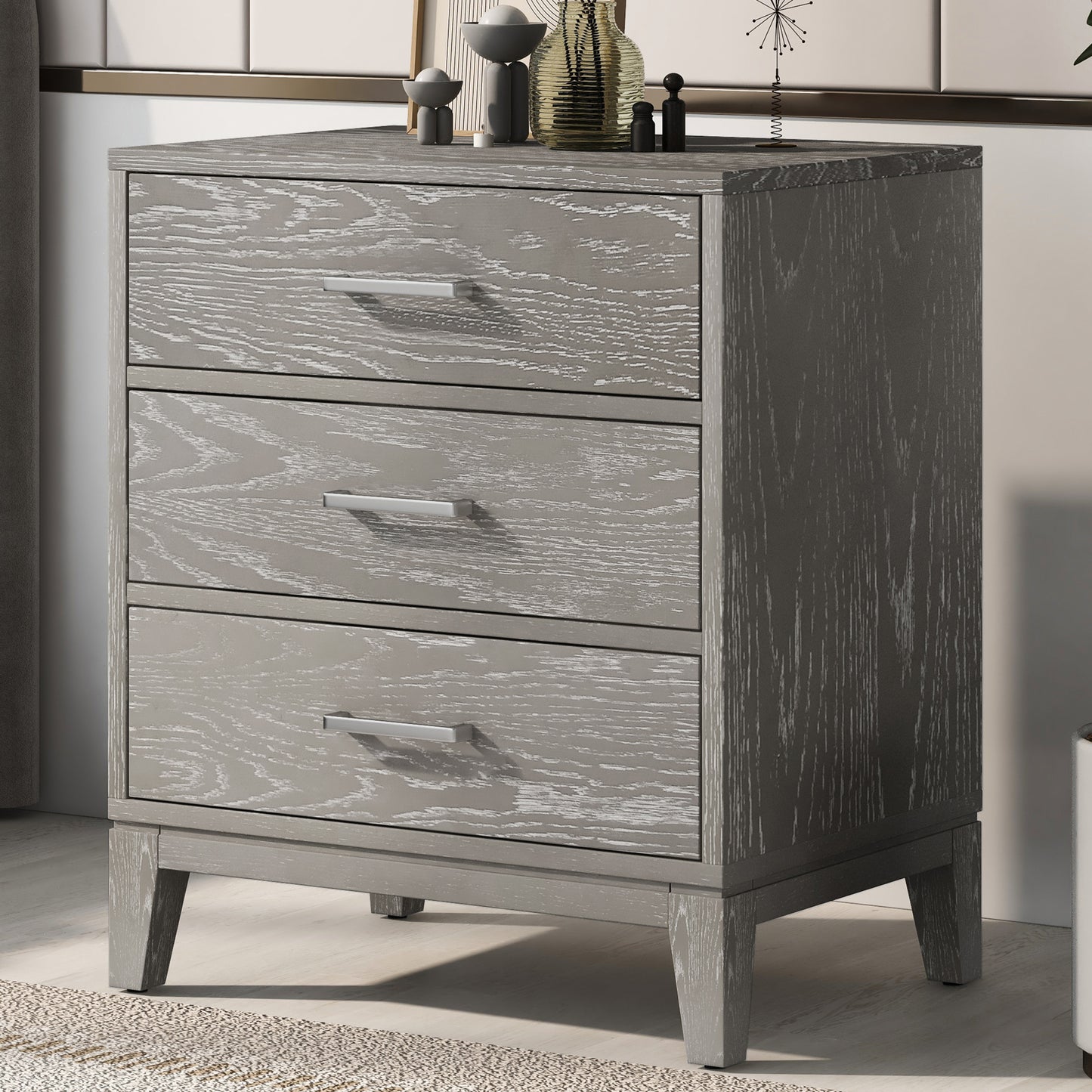 Modern Concise Style Gray Wood Grain Three-Drawer Nightstand with Tapered Legs and Smooth Gliding Drawers