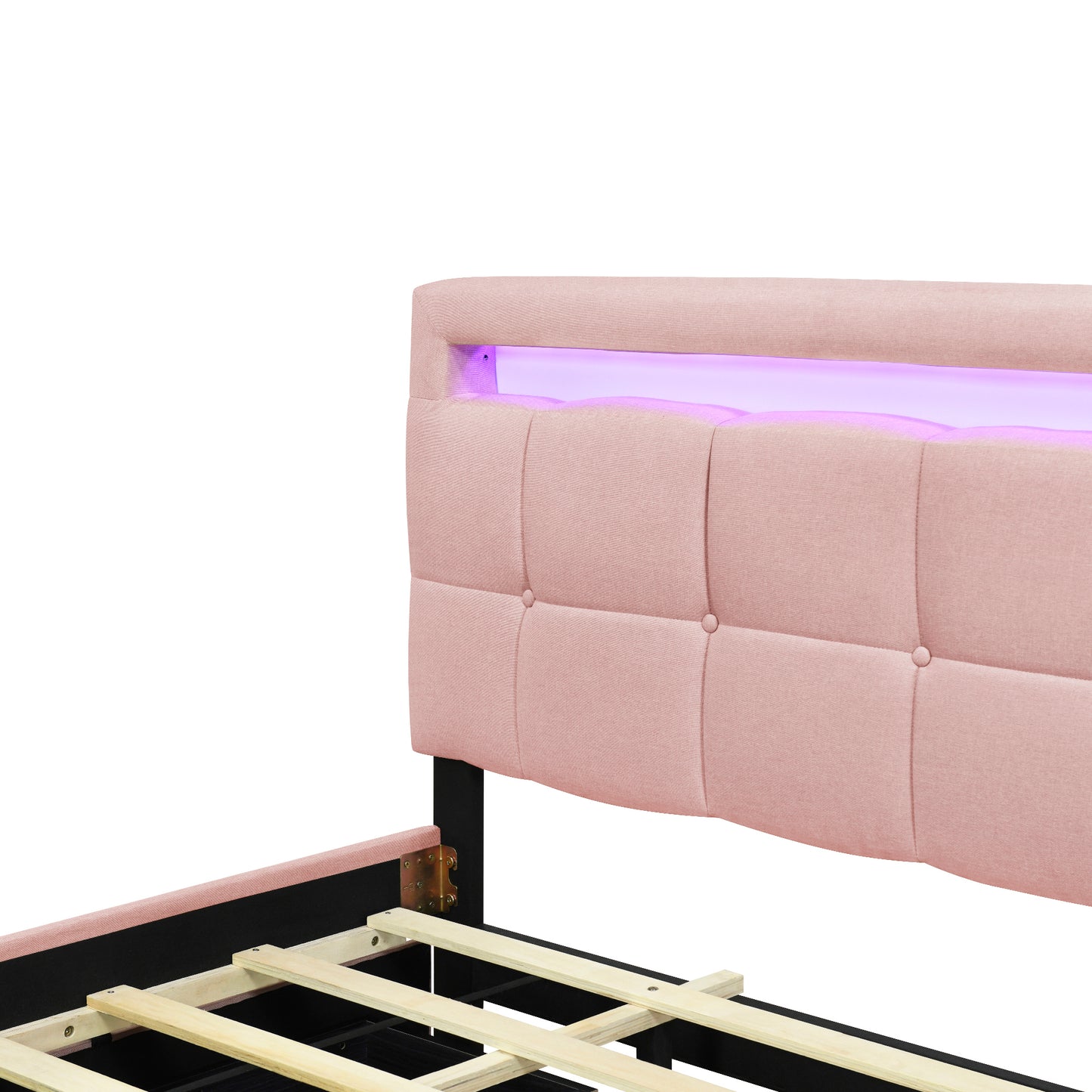 Queen Size Upholstered Platform Bed with LED Frame, with Twin XL Size Trundle and 2 drawers, Linen Fabric, Pink