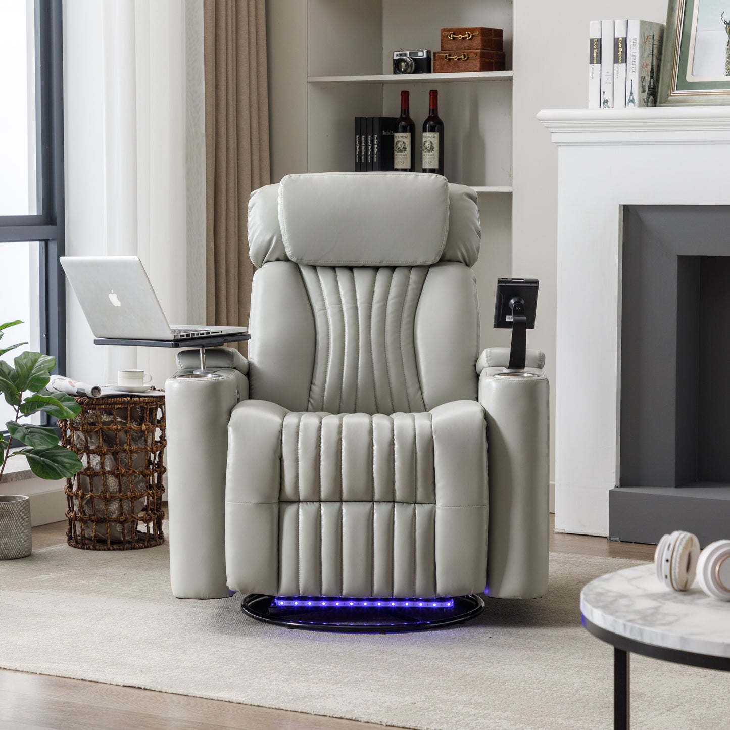 270° Power Swivel Recliner,Home Theater Seating With Hidden Arm Storage and  LED Light Strip,Cup Holder,360° Swivel Tray Table,and Cell Phone Holder,Soft Living Room Chair,Grey