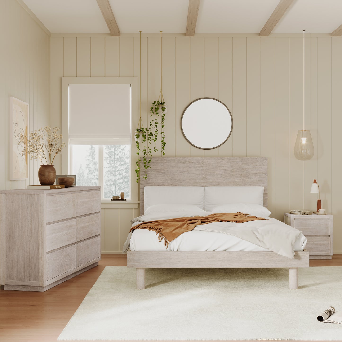 3 Pieces Modern Concise Style Bedroom Set Solid Wood Grain Platform Full Bed Frame + Nightstand +6-Drawer Dresser, Stone Gray