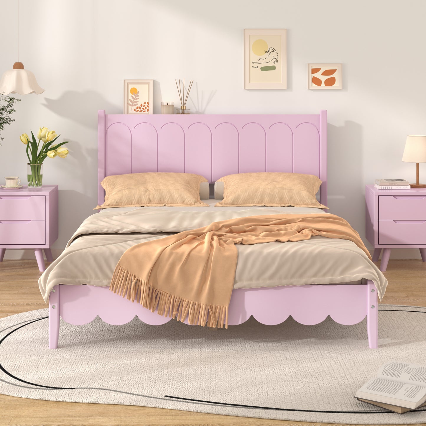 Full Size Wood Platform Bed Frame, Retro Style  Bed with Rectangular Headboard,No Need Box Spring,Pink