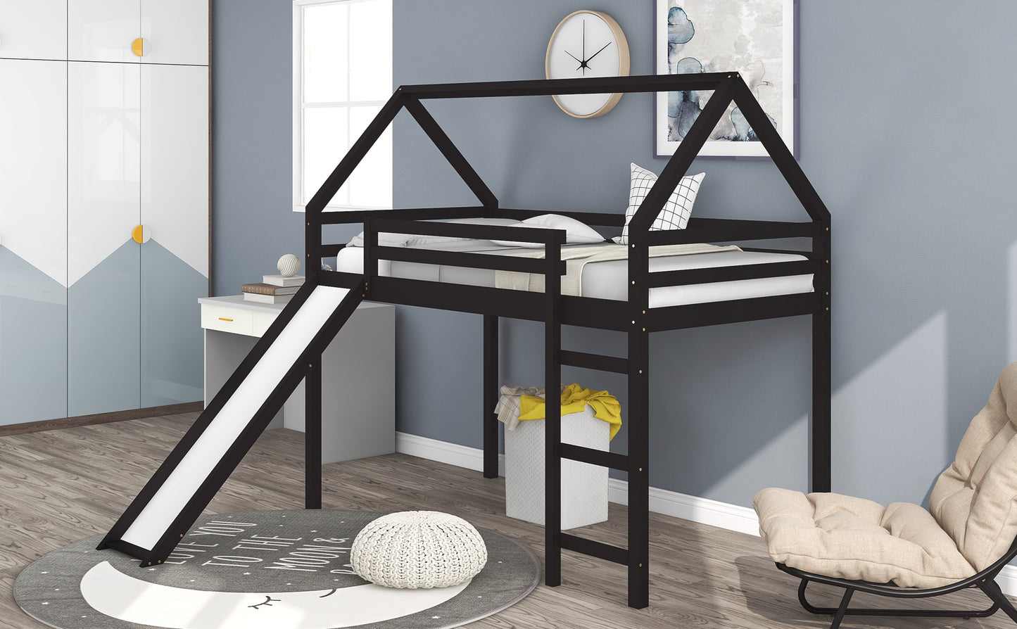 Twin Size Loft Bed with Slide, House Bed with Slide,Espresso(OLD SKU :WF281158AAP)
