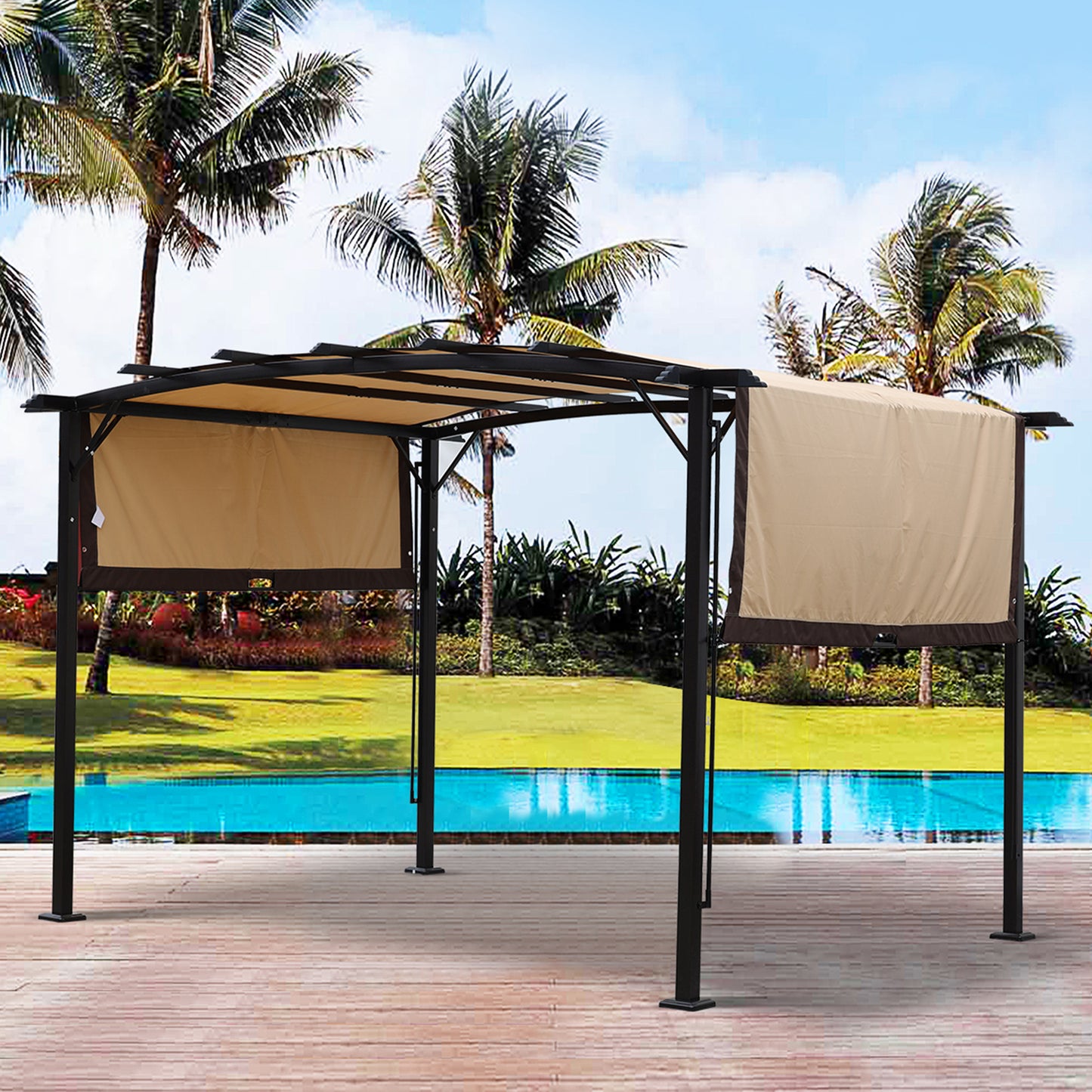 12 x 9 Ft Outdoor Pergola Patio Gazebo,Retractable Shade Canopy,Steel  Frame Grape Gazebo,Sunshelter Pergola for Gardens,Terraces,Backyard-Beige Same as W419S00017