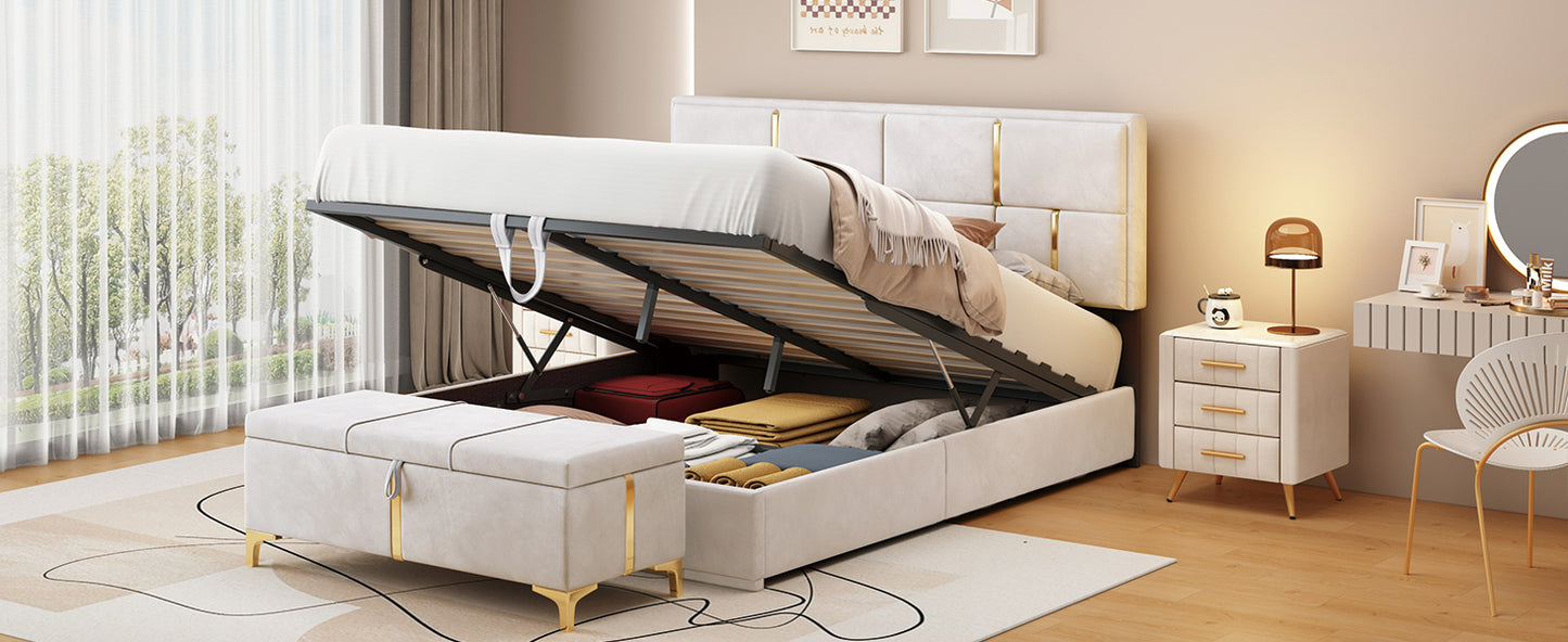 2-Pieces Bedroom Sets,Queen Size Upholstered Platform Bed with Hydraulic Storage System,Storage Ottoman with Metal Legs,Beige