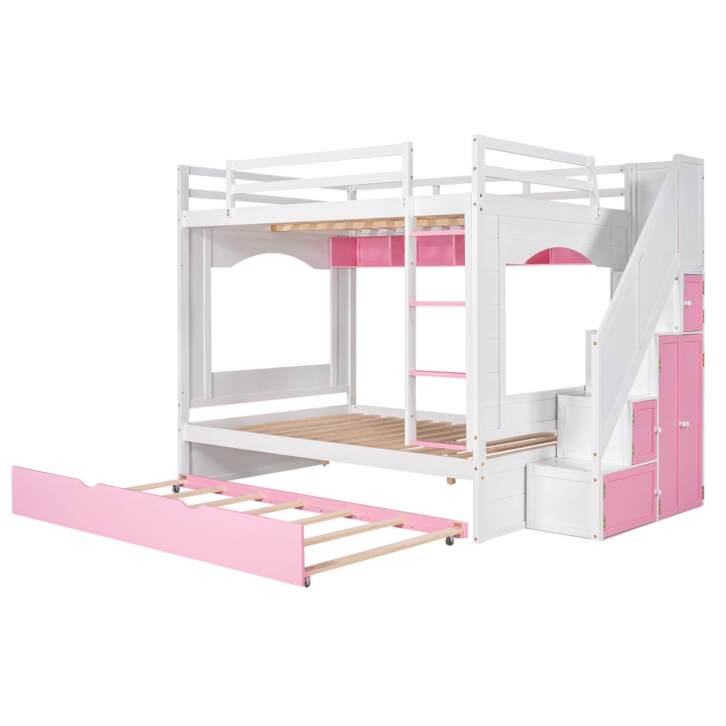 Full Over Full Bunk Bed with Trundle ,Stairs,Ladders Solid Wood Bunk bed with Storage Cabinet (White + Pink)