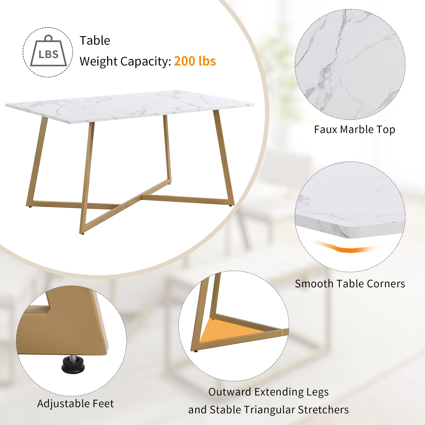 TOPMAX Modern Faux Marble 6-Piece Dining Table Set,60inch Metal Kitchen Table Set with Upholstered Dining Chairs and Bench, Golden