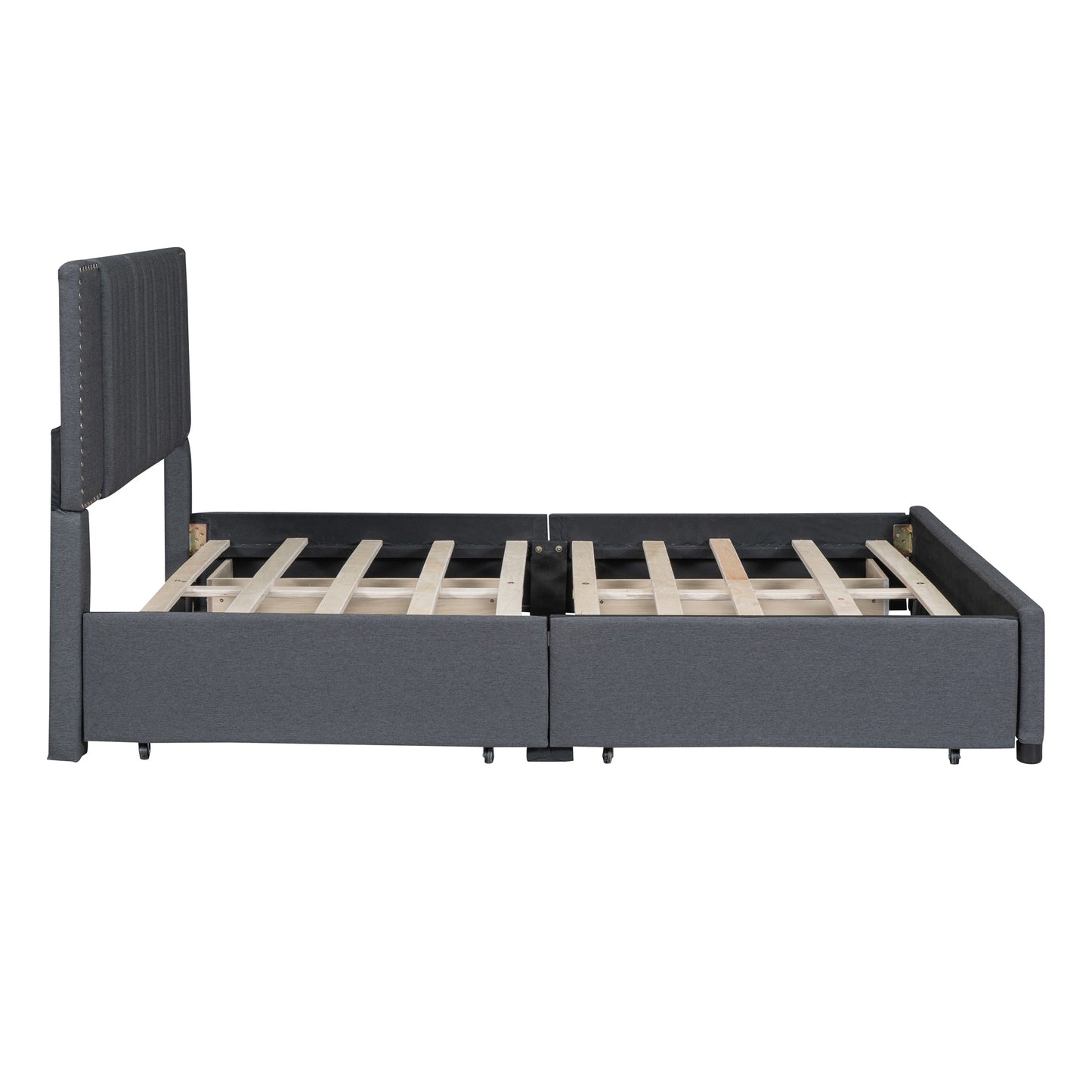 Queen Size Upholstered Platform Bed with Classic Headboard and 4 Drawers, Linen Fabric, Gray