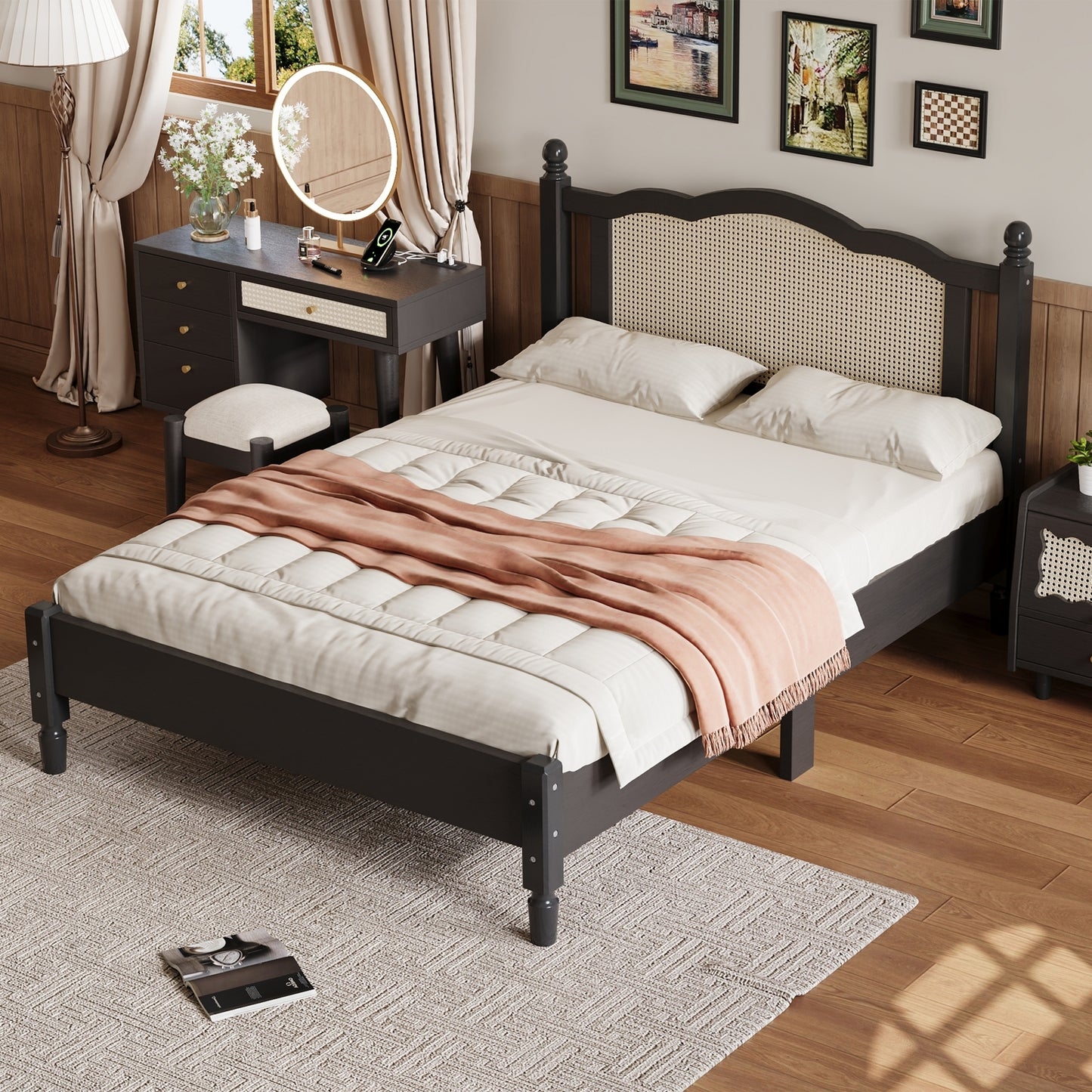 Full Size Wooden Platform Bed with Natural Rattan Headboard, Vintage Bed Frame with Wooden Slat Support, Black (Expected Arrival Time: 08.23)