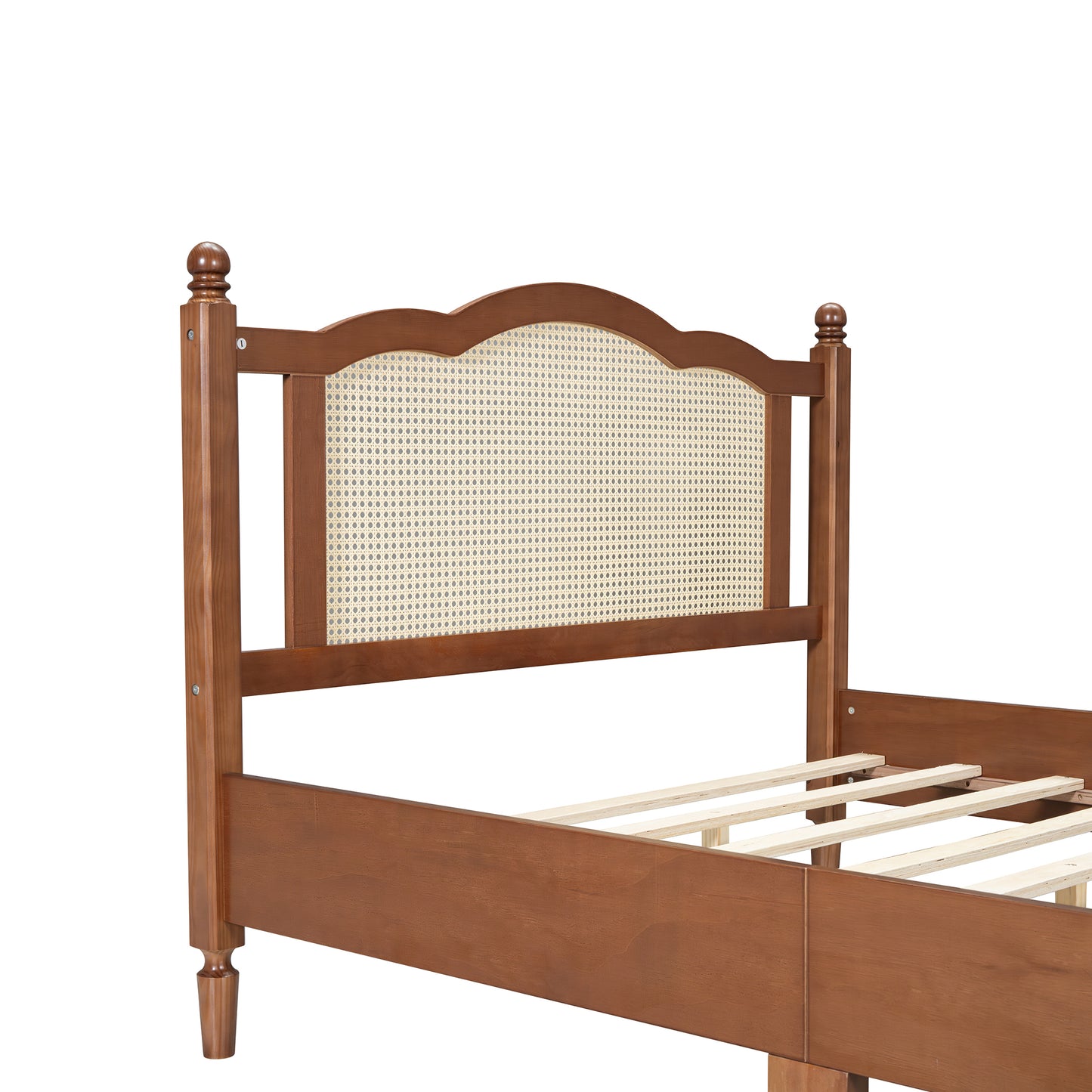 Full Size Wooden Platform Bed with Natural Rattan Headboard, Vintage Bed Frame with Wooden Slat Support, Walnut (Expected Arrival Time: 08.23)