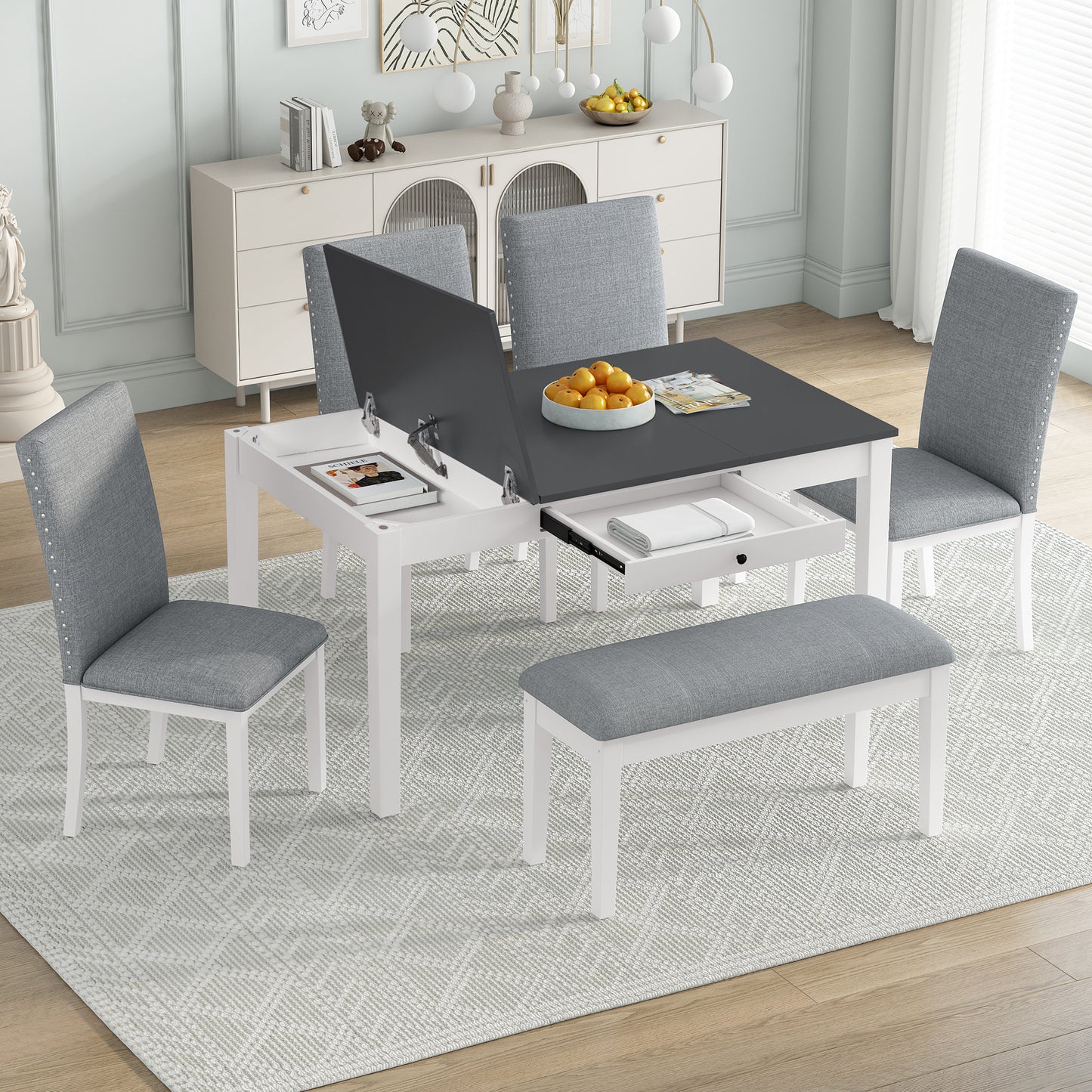 TOPMAX Farmhouse 6-Piece Dining Table Set with Storage Table, Kitchen Table Set with Drawer, Storable Bench and Upholstered Dining Chairs, White+Gray