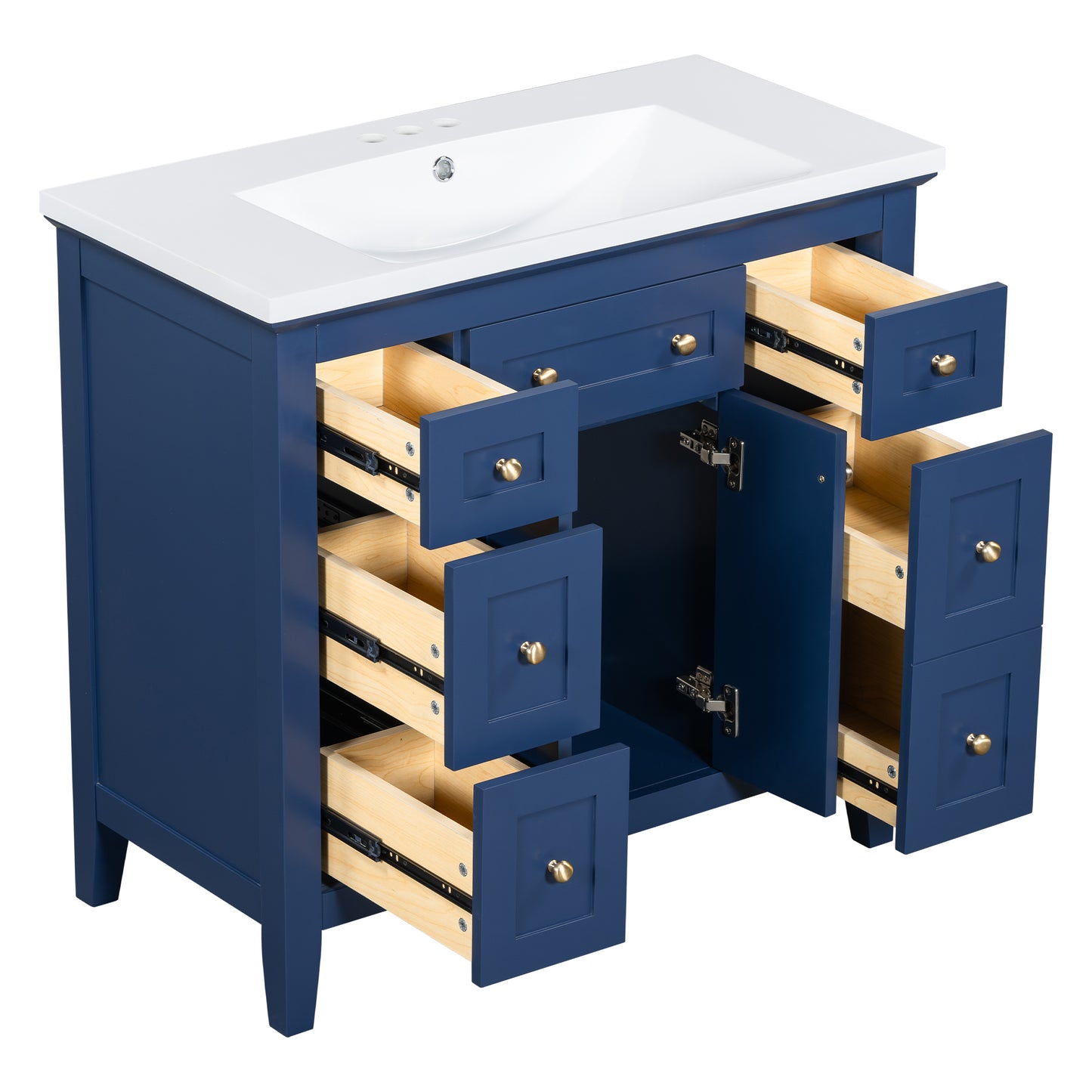 36'' Bathroon Vanity with Resin Sink Combo Set, Modern Freestanding Single Bathroom Cabinet with 6 Drawers & 2 Cabinets, Storage Cabinet for Bathroom, Solid Wood Frame Vanity Set, Blue