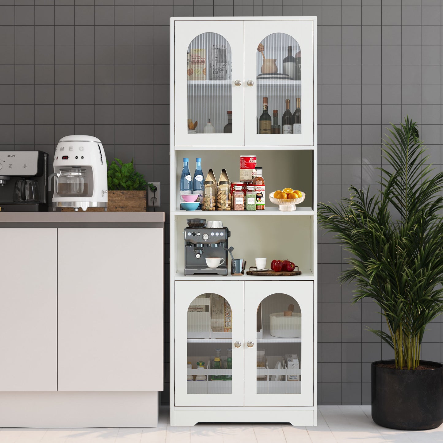 67" Tall Bathroom Storage Cabinet with Doors and Shelves, Towel Cabinet for Bathroom Freestanding, Linen Cabinet for Bathroom Storage 6 Tier, White Kitchen Pantry Cabinet Wood