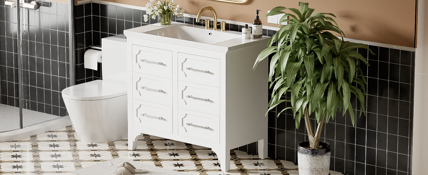 36'' Bathroom Vanity with Resin Sink Combo, Free Standing Single Vanity Set with Four Drawers, Solid Wood Frame Bathroom Storage Cabinet