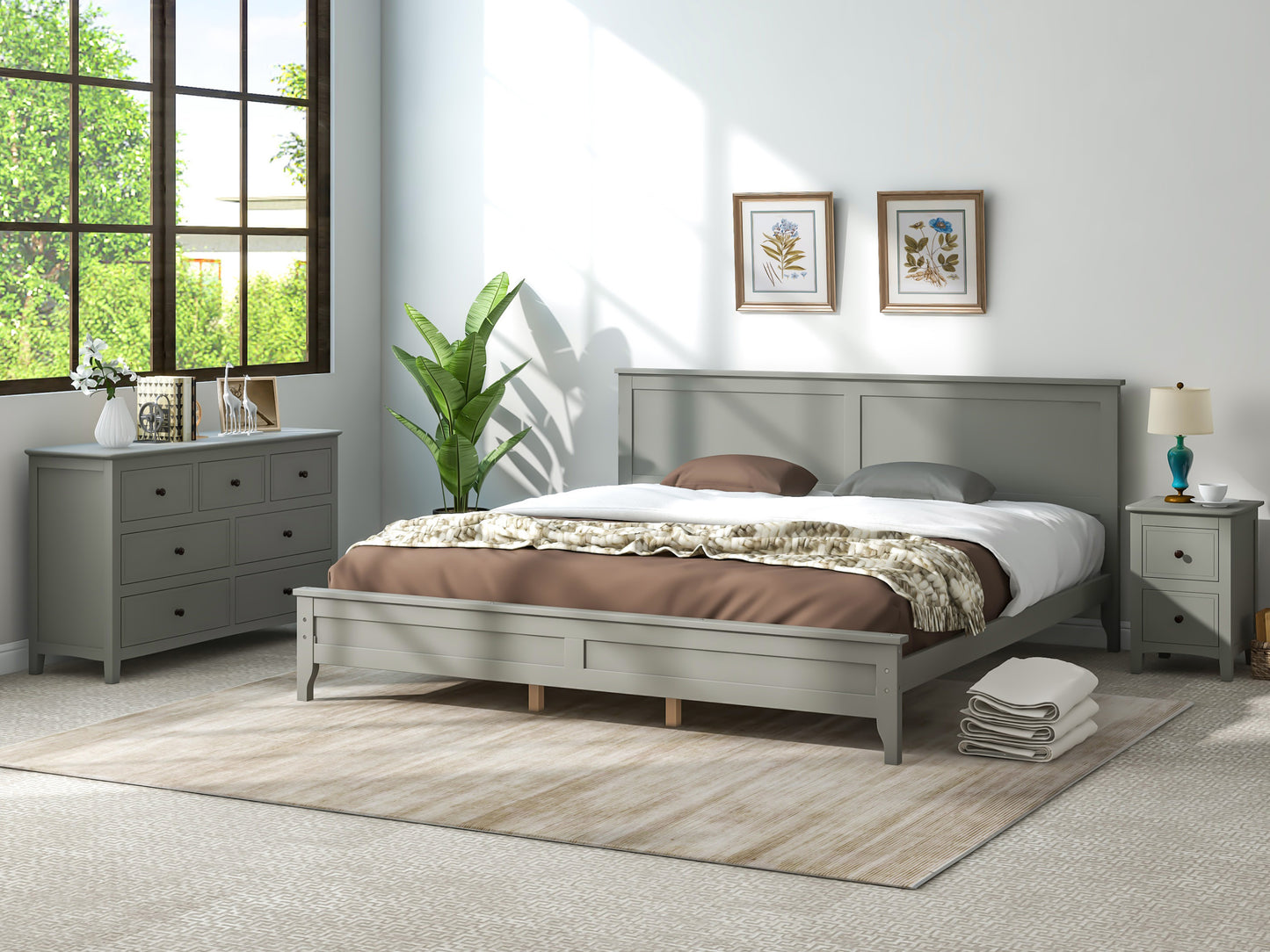 Gray Solid Wood 3 Pieces King Bedroom Sets,new