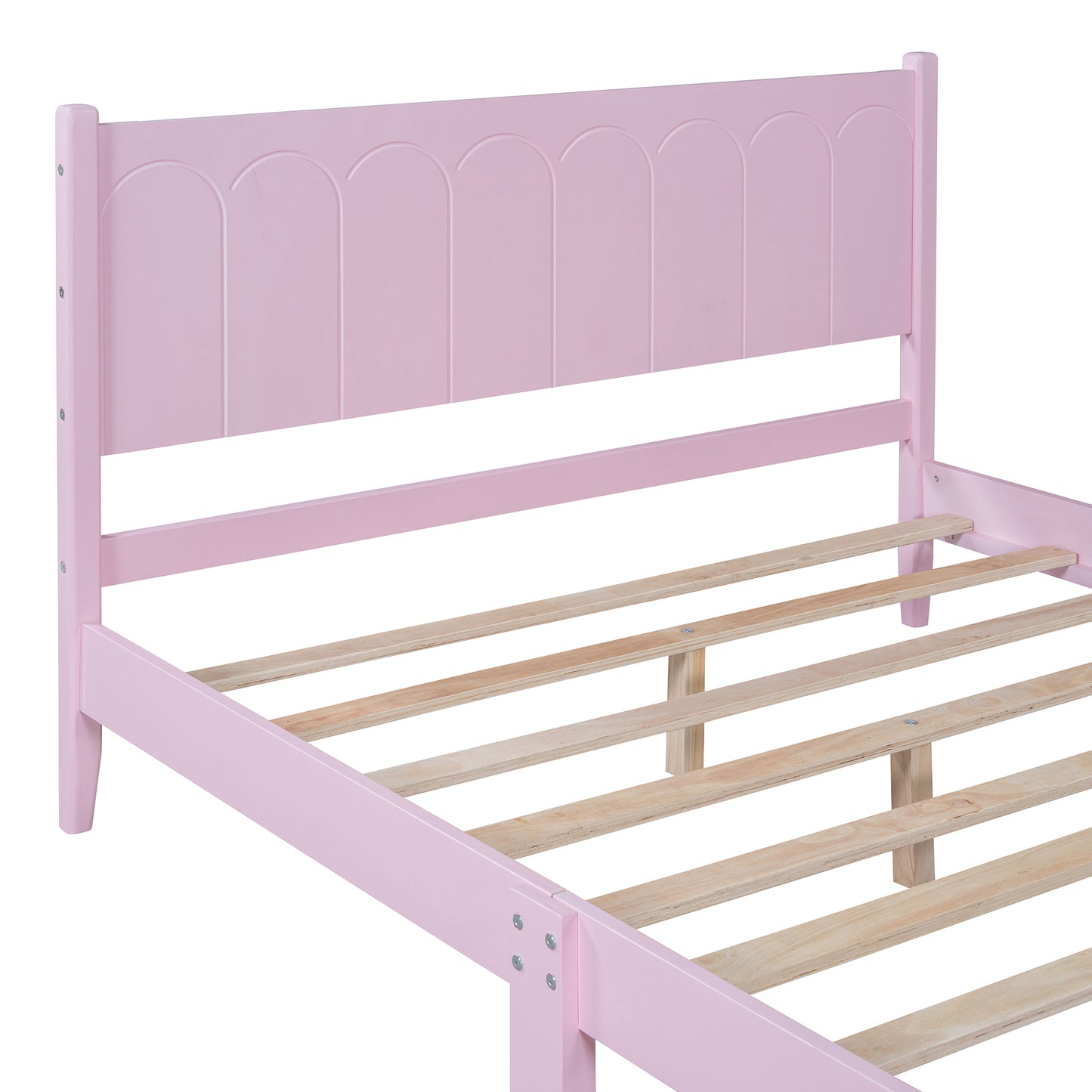 Full Size Wood Platform Bed Frame, Retro Style  Bed with Rectangular Headboard,No Need Box Spring,Pink
