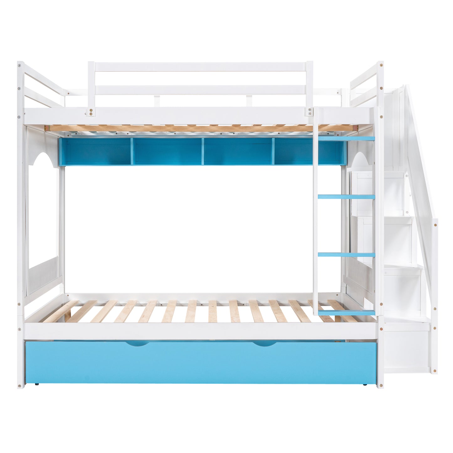 Full Over Full Bunk Bed with Trundle ,Stairs,Ladders Solid Wood Bunk bed with Storage Cabinet (White + Blue)