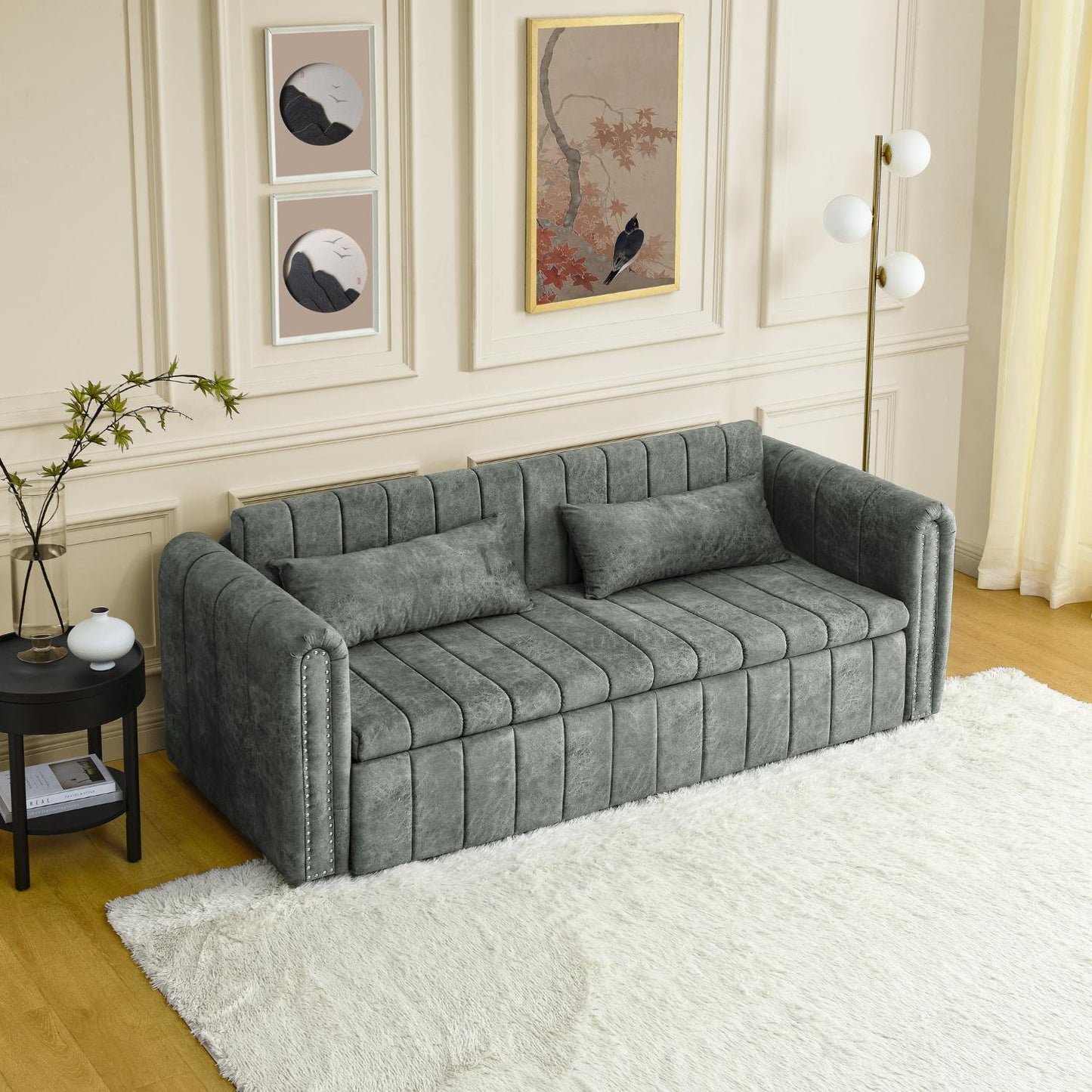 Ucloveria 3-in-1 Pull Out Bed Sleeper, Modern Upholstered 3 Seater Lounge Sofa and Couch with Roll Up Armrests, Convertible Futon 3 Seater Sofa Bed with Two Drawers and Two Pillows