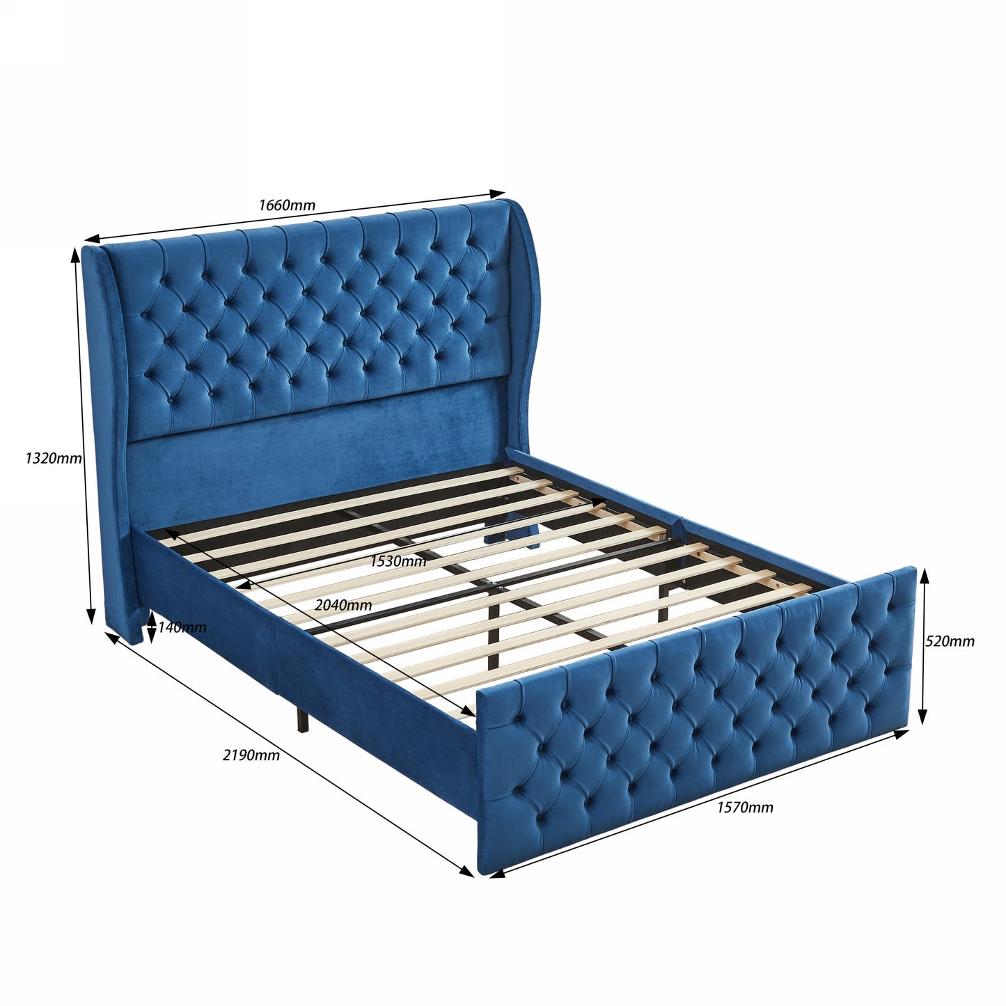 Rodeo Drive Collection Upholstered Wingback Velvet Fabric Chesterfield Bed/Button Tufted Headboard with Vintage Wing/Wood Slat Support/Easy Assemble. Queen-Blue