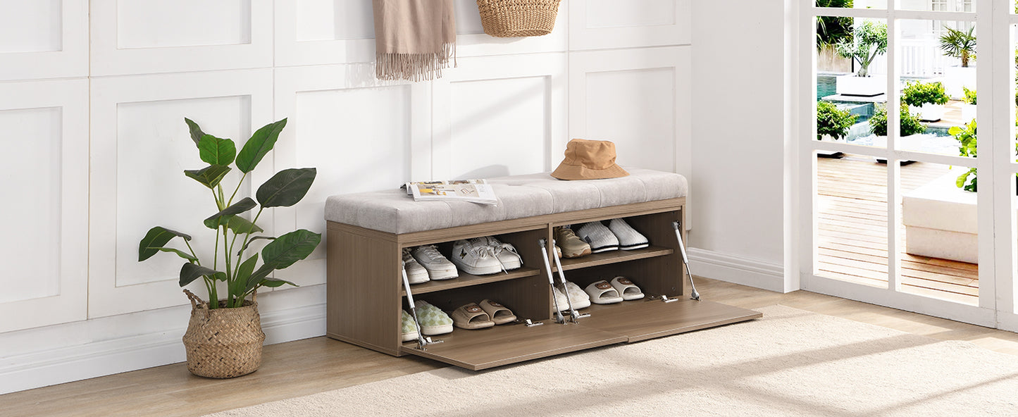 49" Shoe Storage Bench Entryway Shoe Cabinet Storage Ottoman with Padded Seat Cushion and Double Doors for Entryway, Hallway and Bedroom, Light Grey